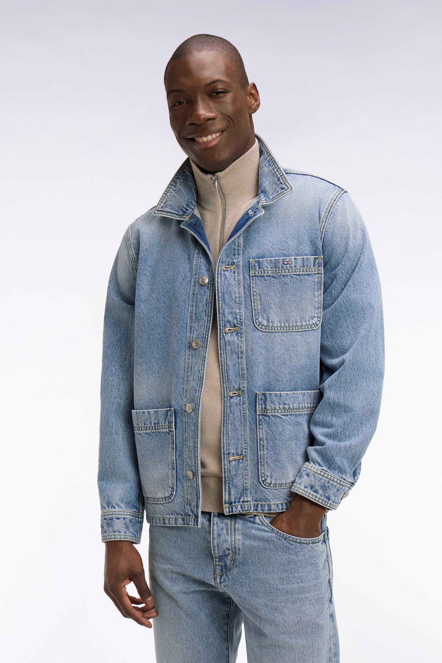 Veste worker en denim bleu délavé