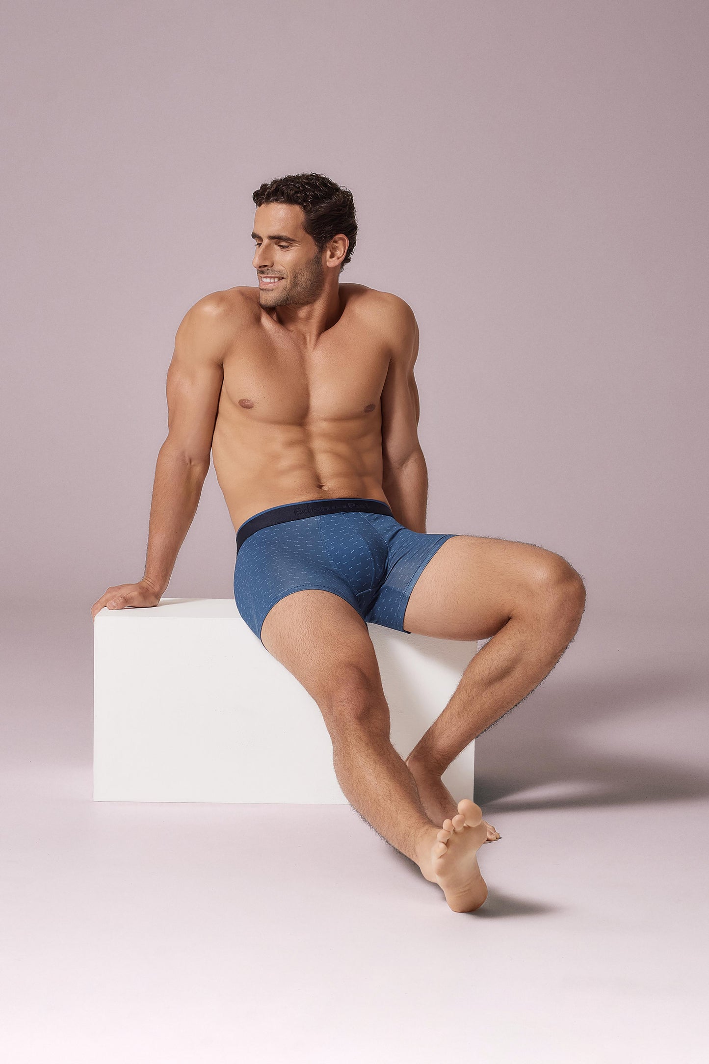 Boxer shorts in blue stretch cotton jersey with micro bow-tie patterns