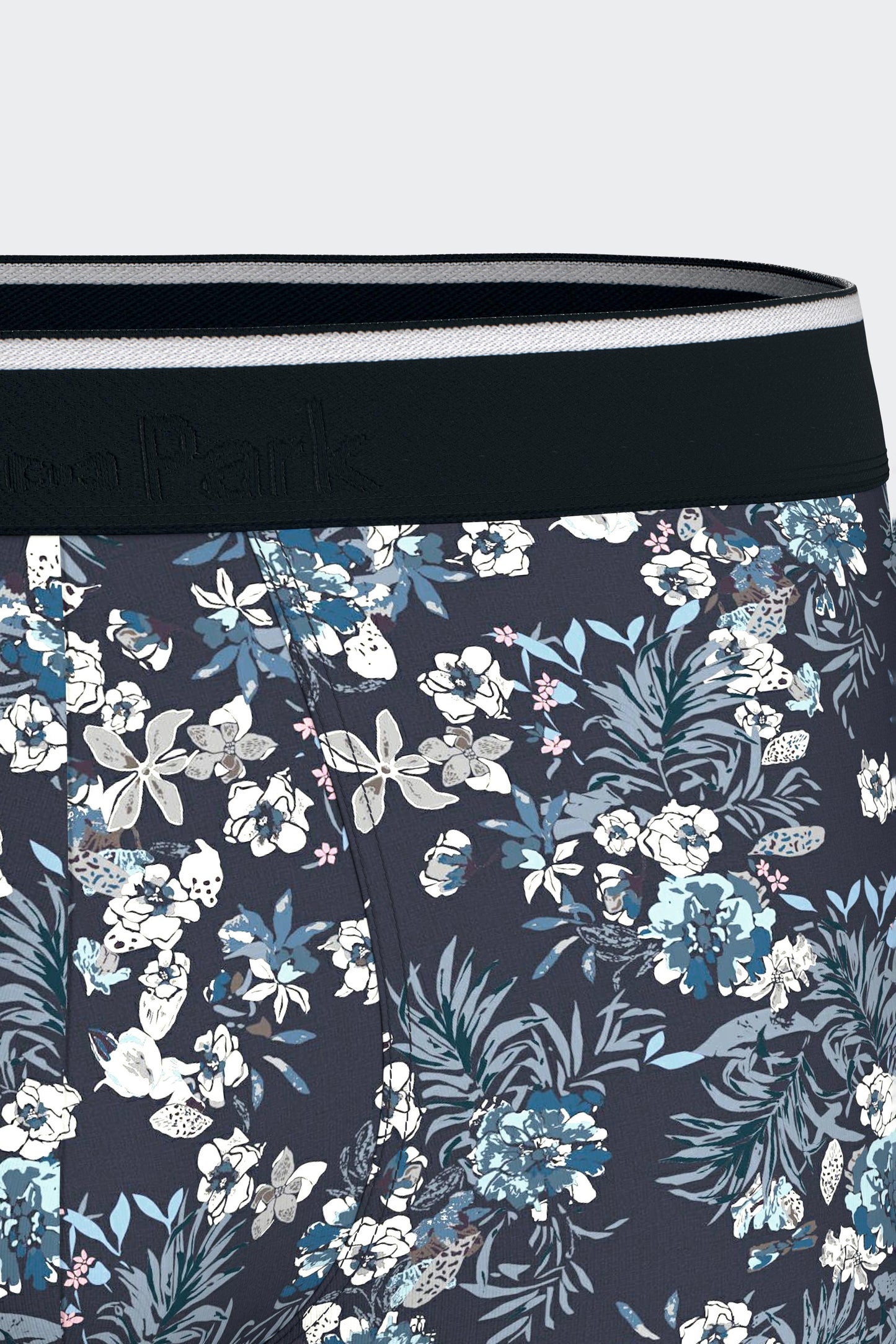 Boxer shorts in navy stretch cotton jersey with floral pattern