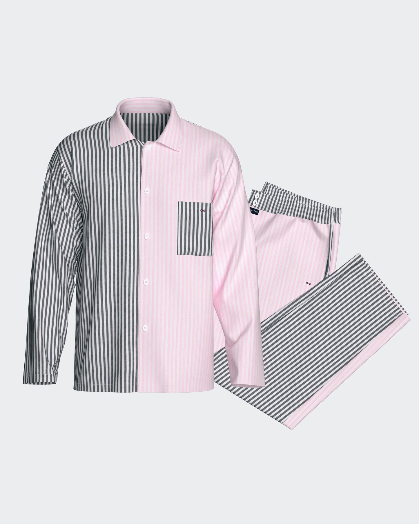 Pyjama long en coton à rayures bicolores marine et roses