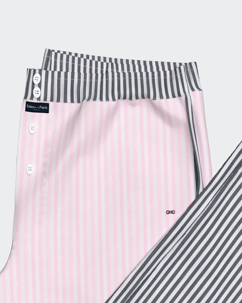 Pyjama long en coton à rayures bicolores marine et roses - Image 3