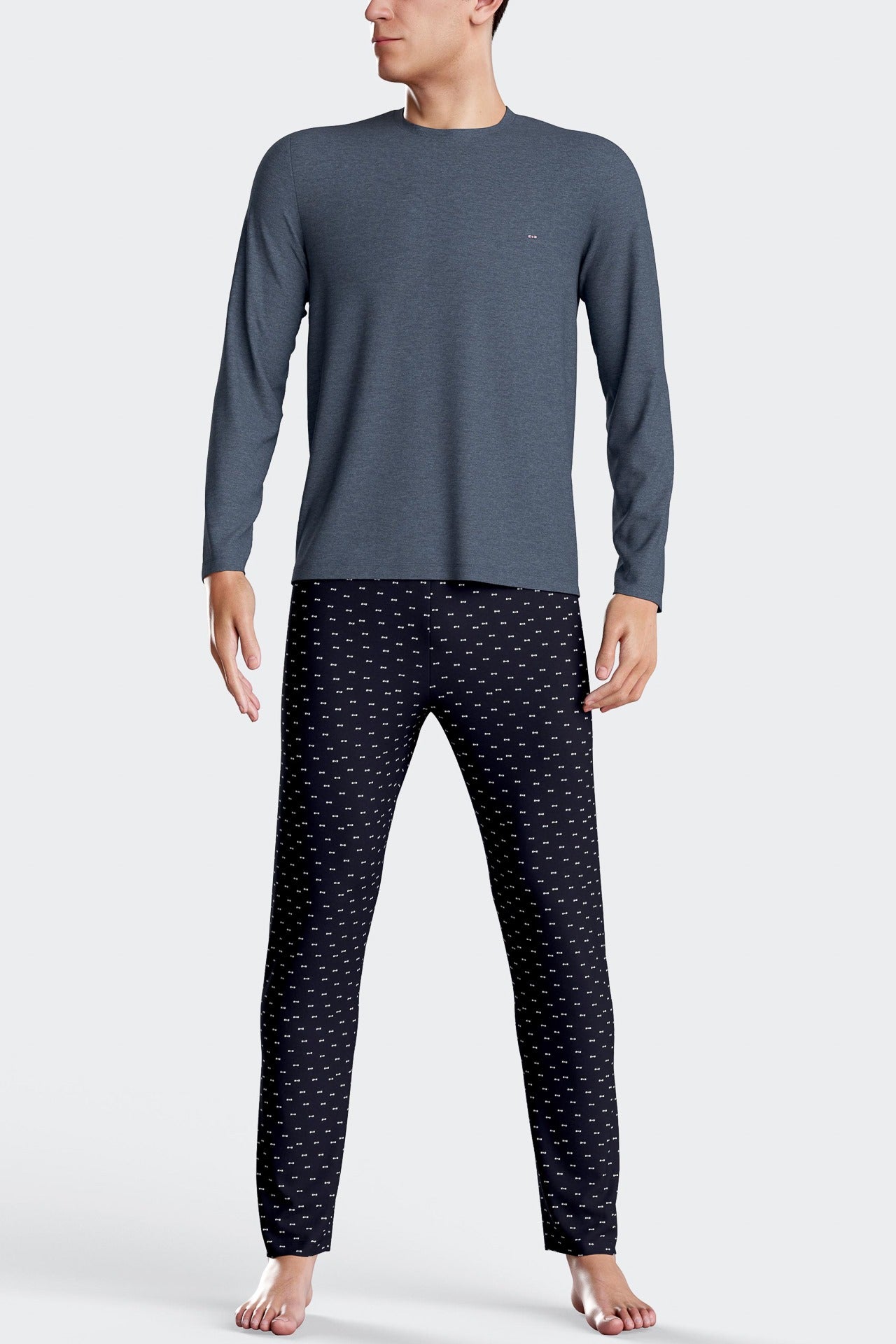 Pyjama long en coton bleu foncé pantalon à micromotifs