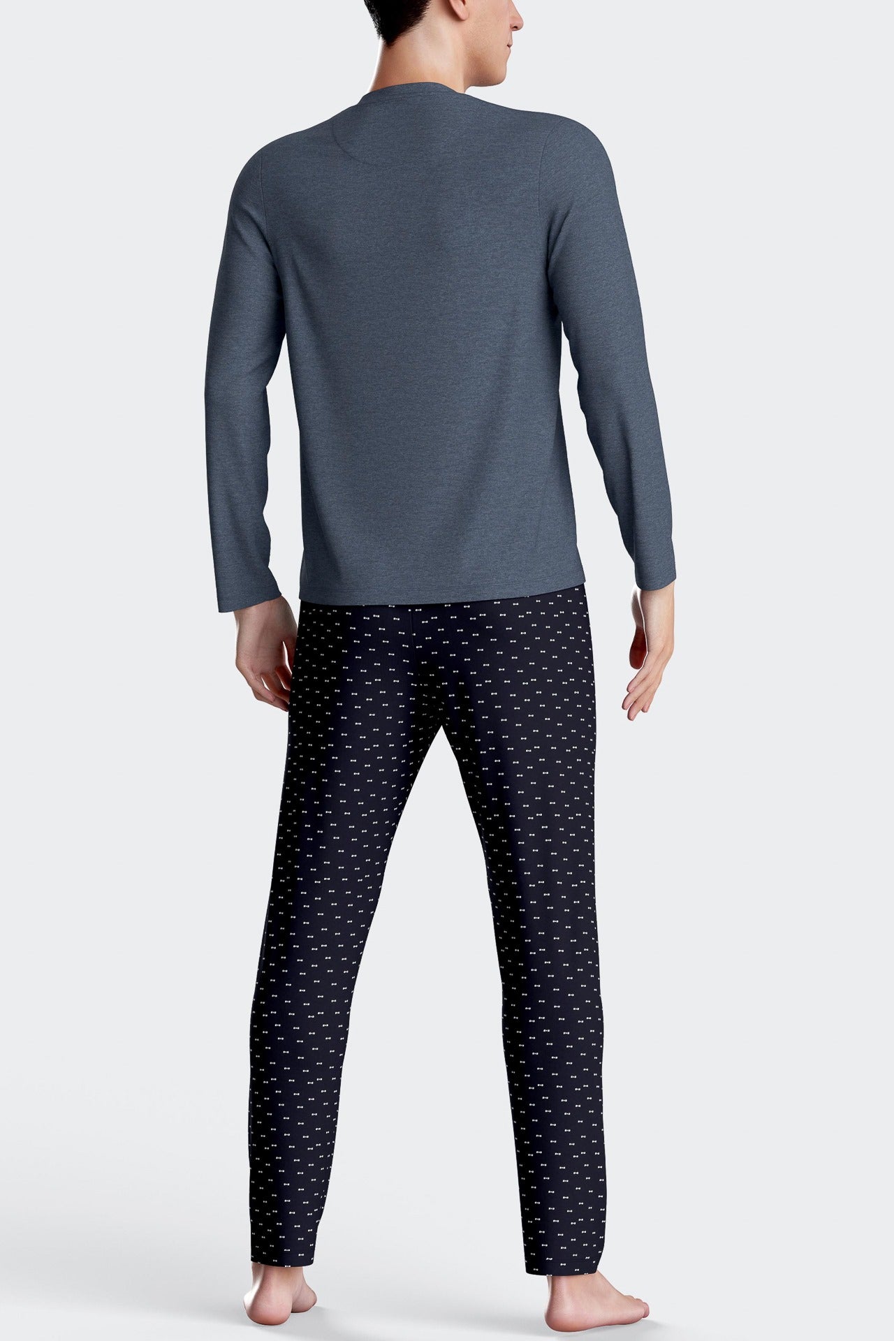 Pyjama long en coton bleu foncé pantalon à micromotifs