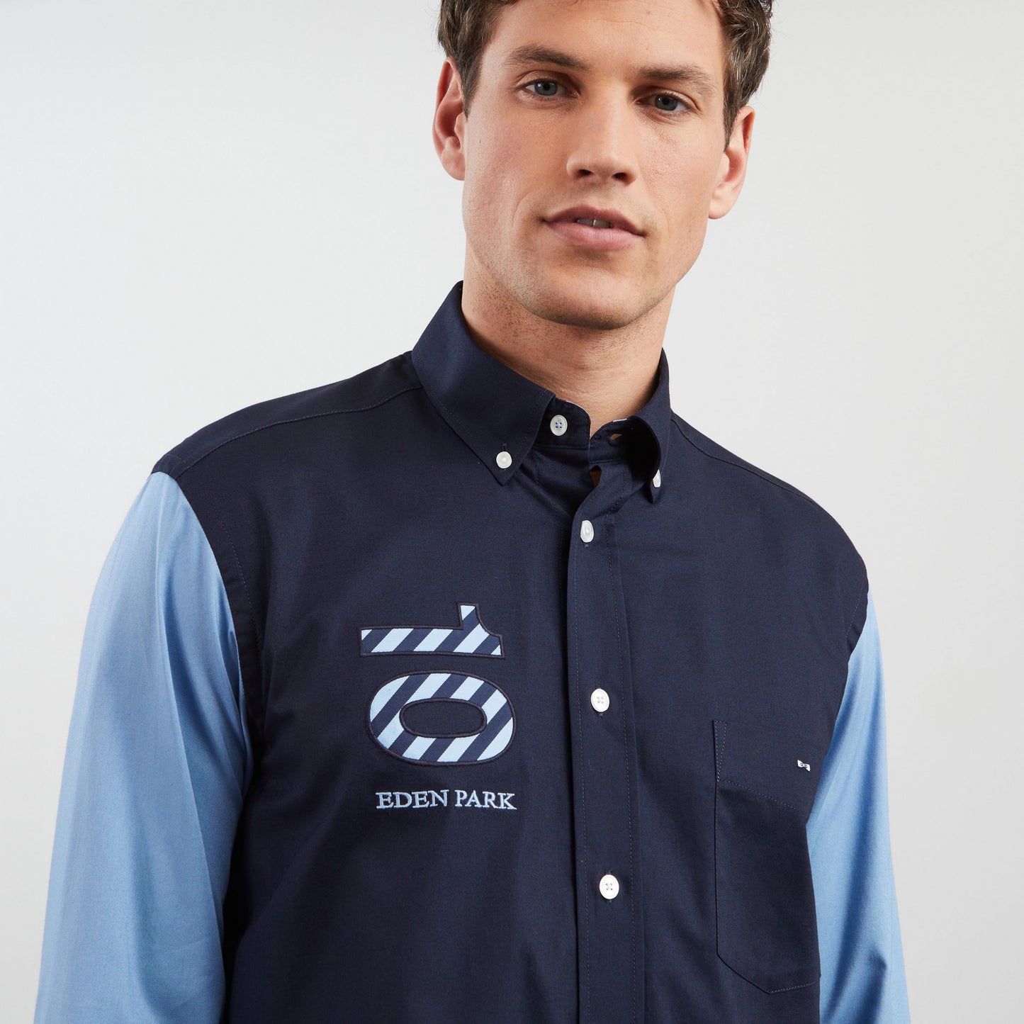 Blue colourblock shirt with no. 10 embroidery