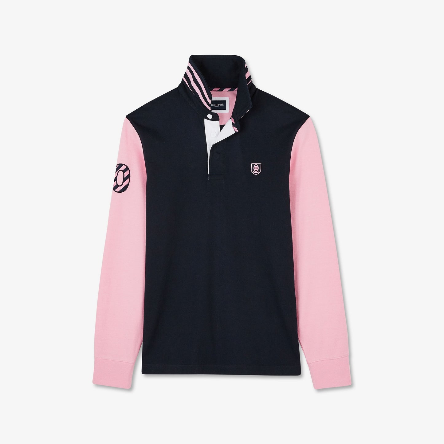 Pink long-sleeved colourblock rugby shirt