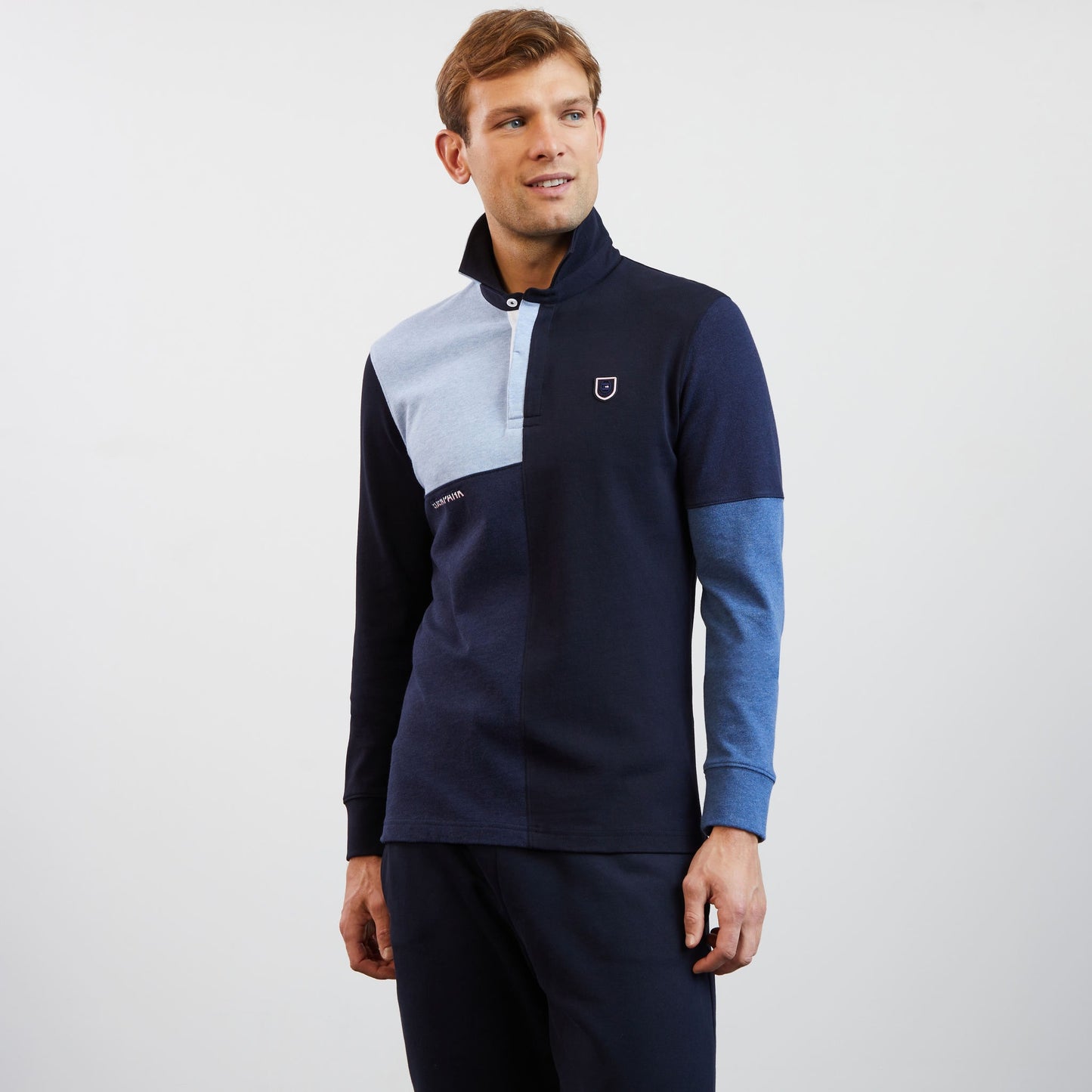 Blue long-sleeved colourblock rugby shirt