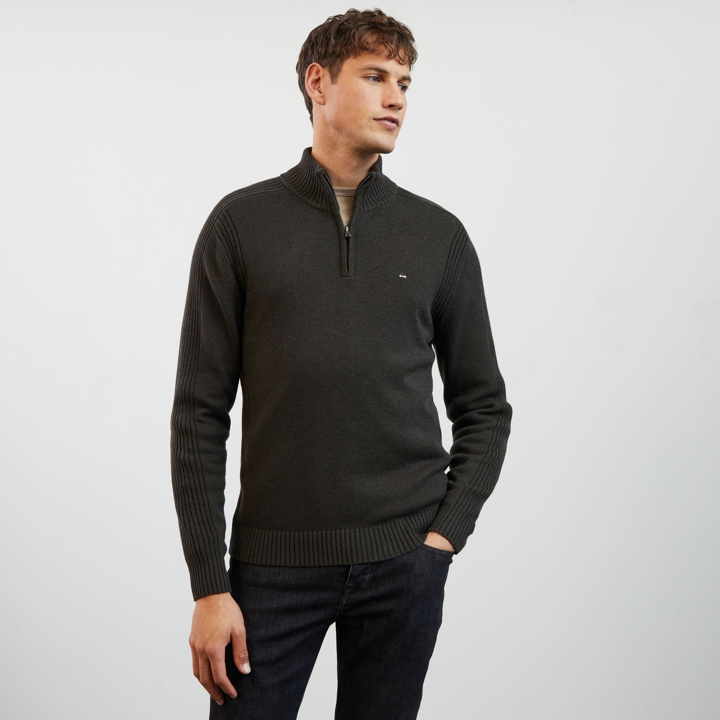 Khaki zip-neck jumper in combination knit