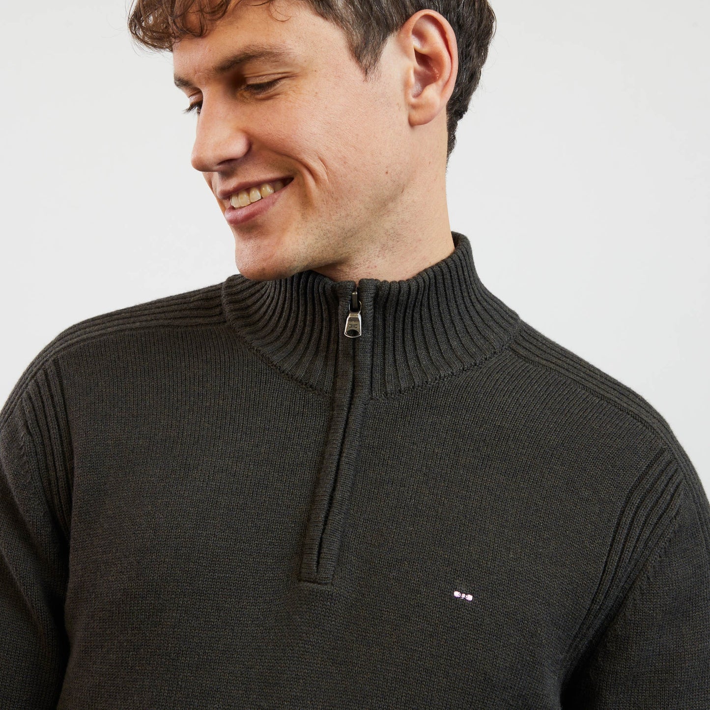 Khaki zip-neck jumper in combination knit