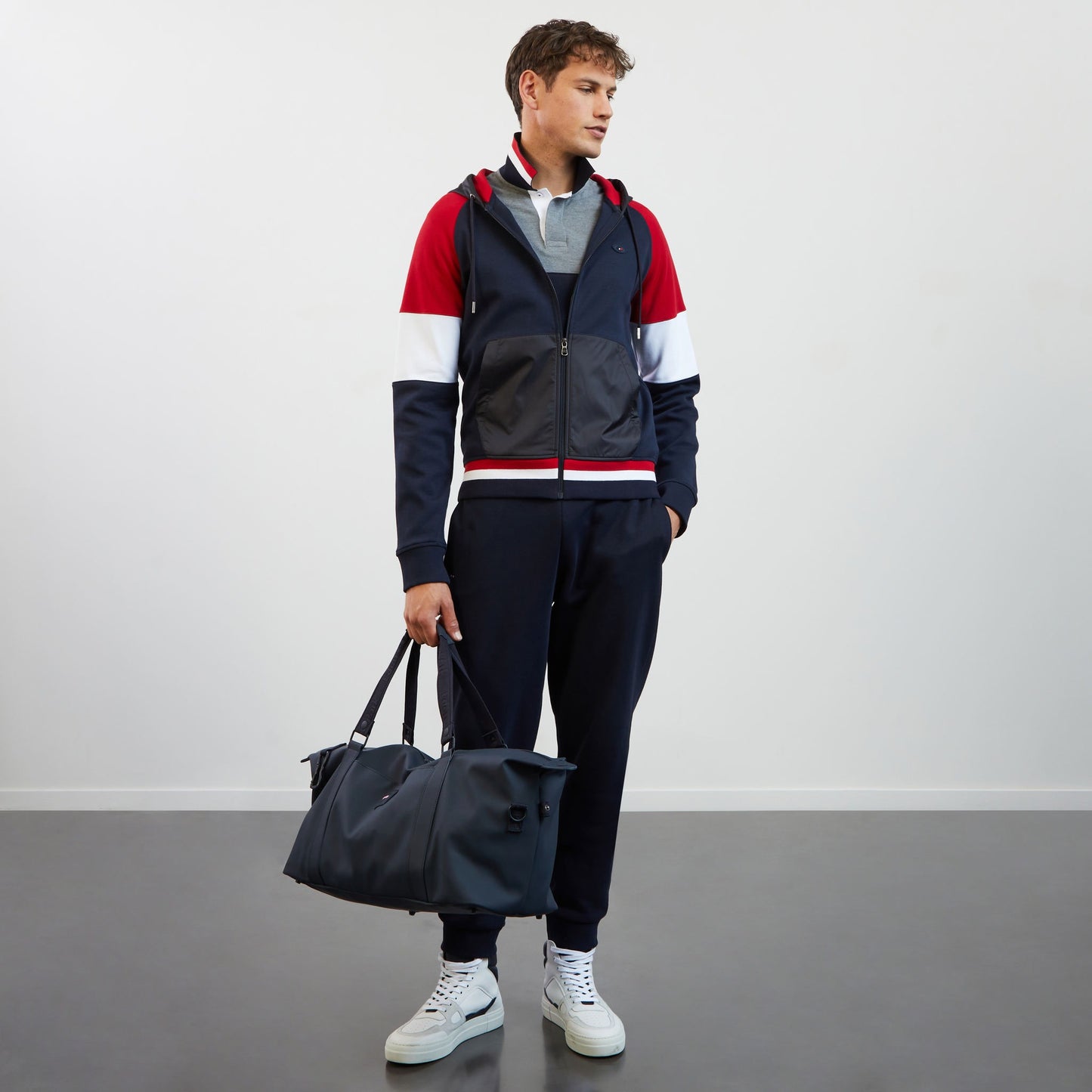 Red colourblock hooded zip sweatshirt