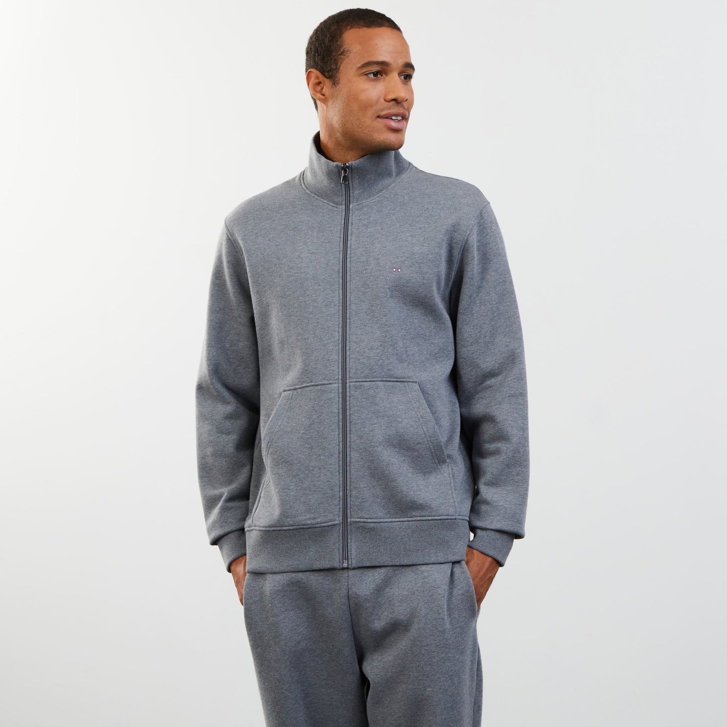 Grey zip sweatshirt with stand-up collar