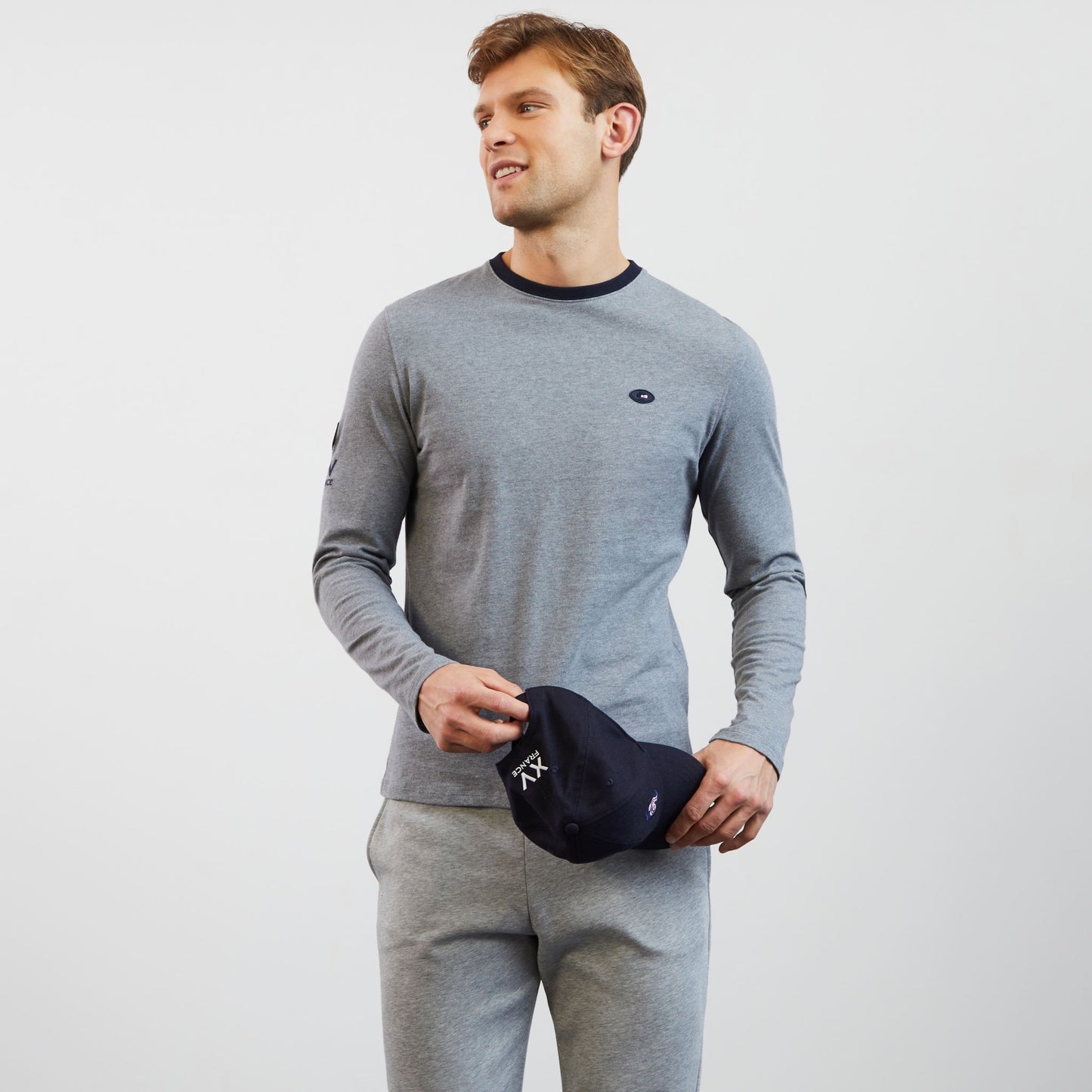 Grey long-sleeved polo with XV de France embroidered detail