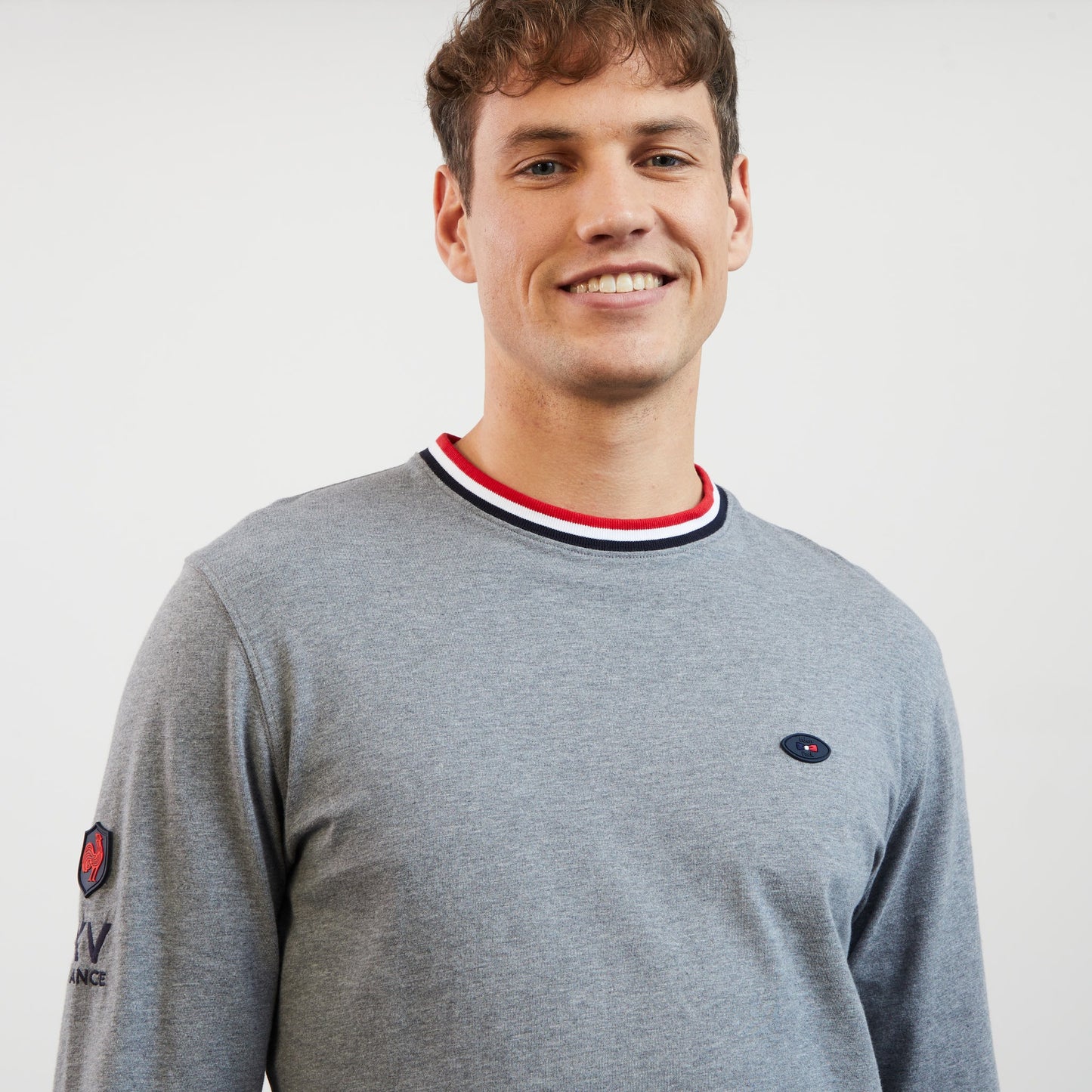Grey long-sleeved T-shirt with no. 10 and XV de France embroidered detail