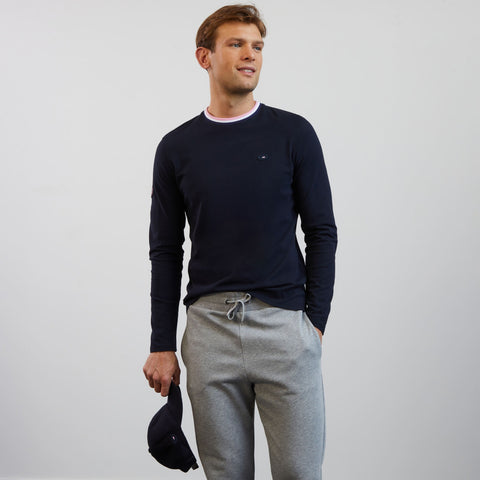 Navy blue long-sleeved T-shirt with cockerel and XV de France embroidered detail - Image 1