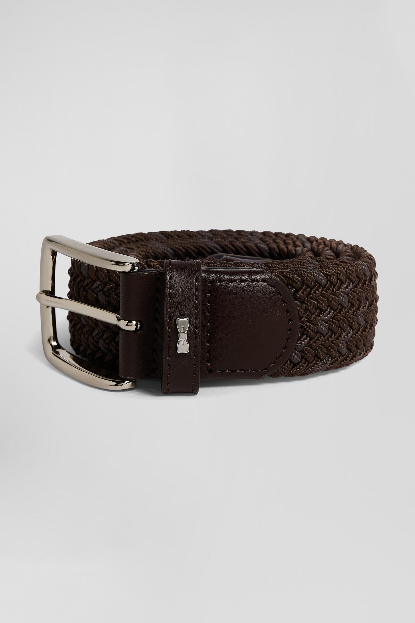 Brown braided belt with silver metal buckle