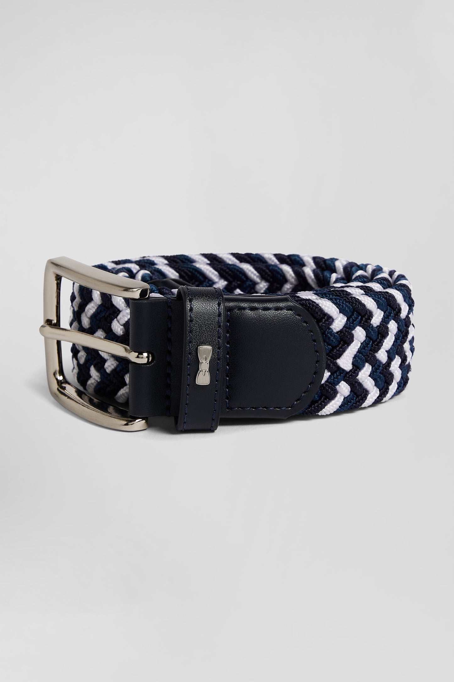 Blue rubber stretch braided belt with silver metal buckle