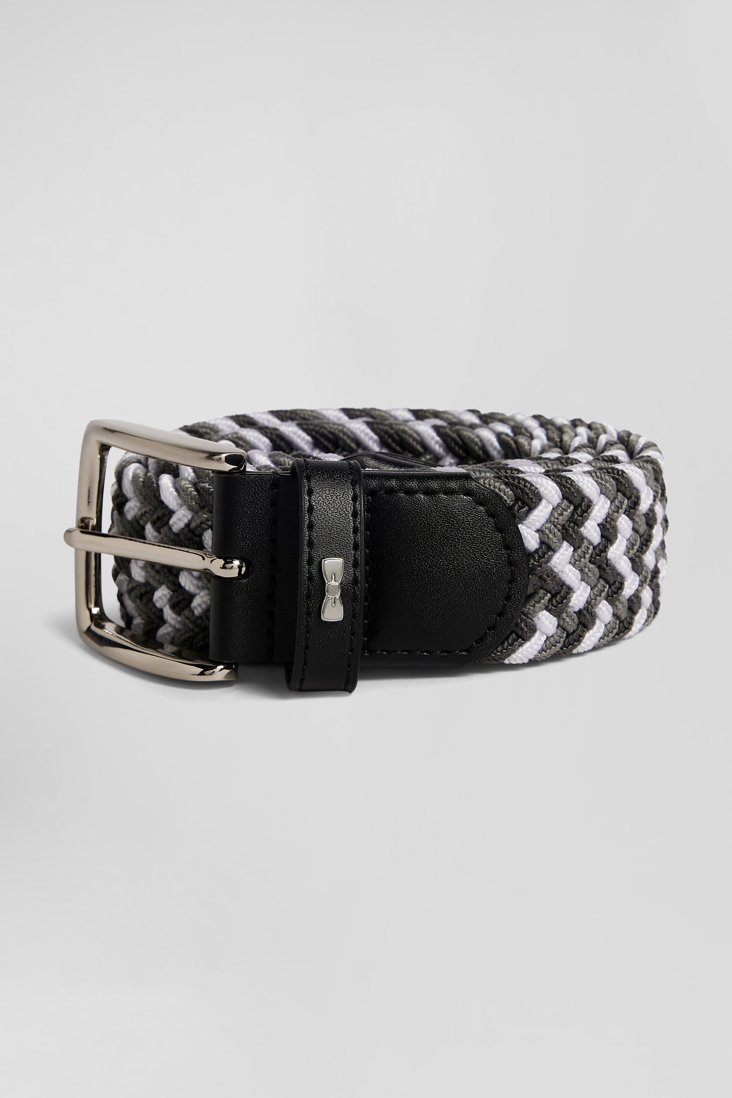 Grey rubber stretch braided belt with silver metal buckle