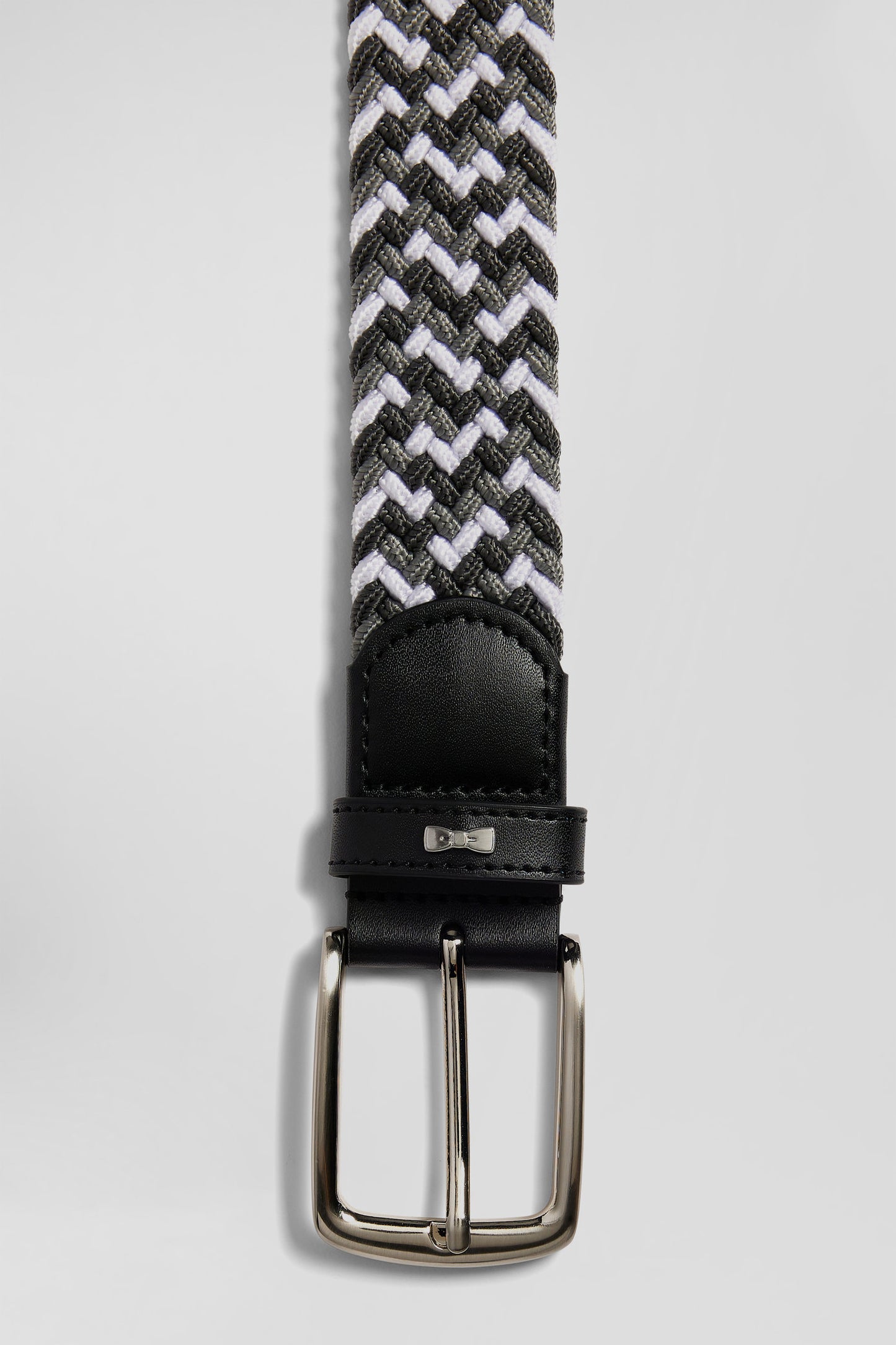 Grey rubber stretch braided belt with silver metal buckle