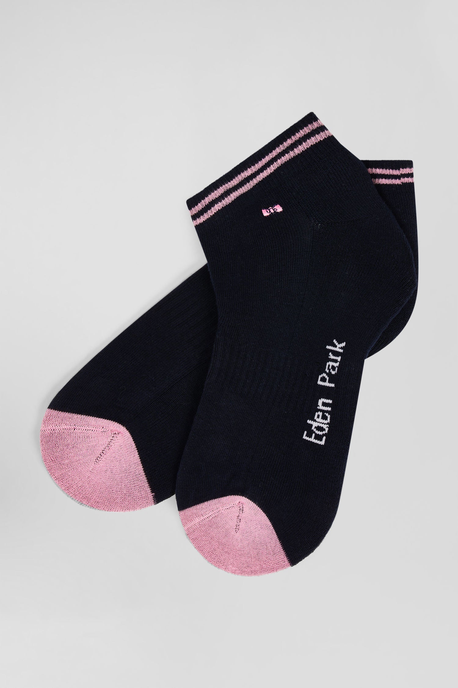 Bicolour navy blue cotton ankle socks with striped edges