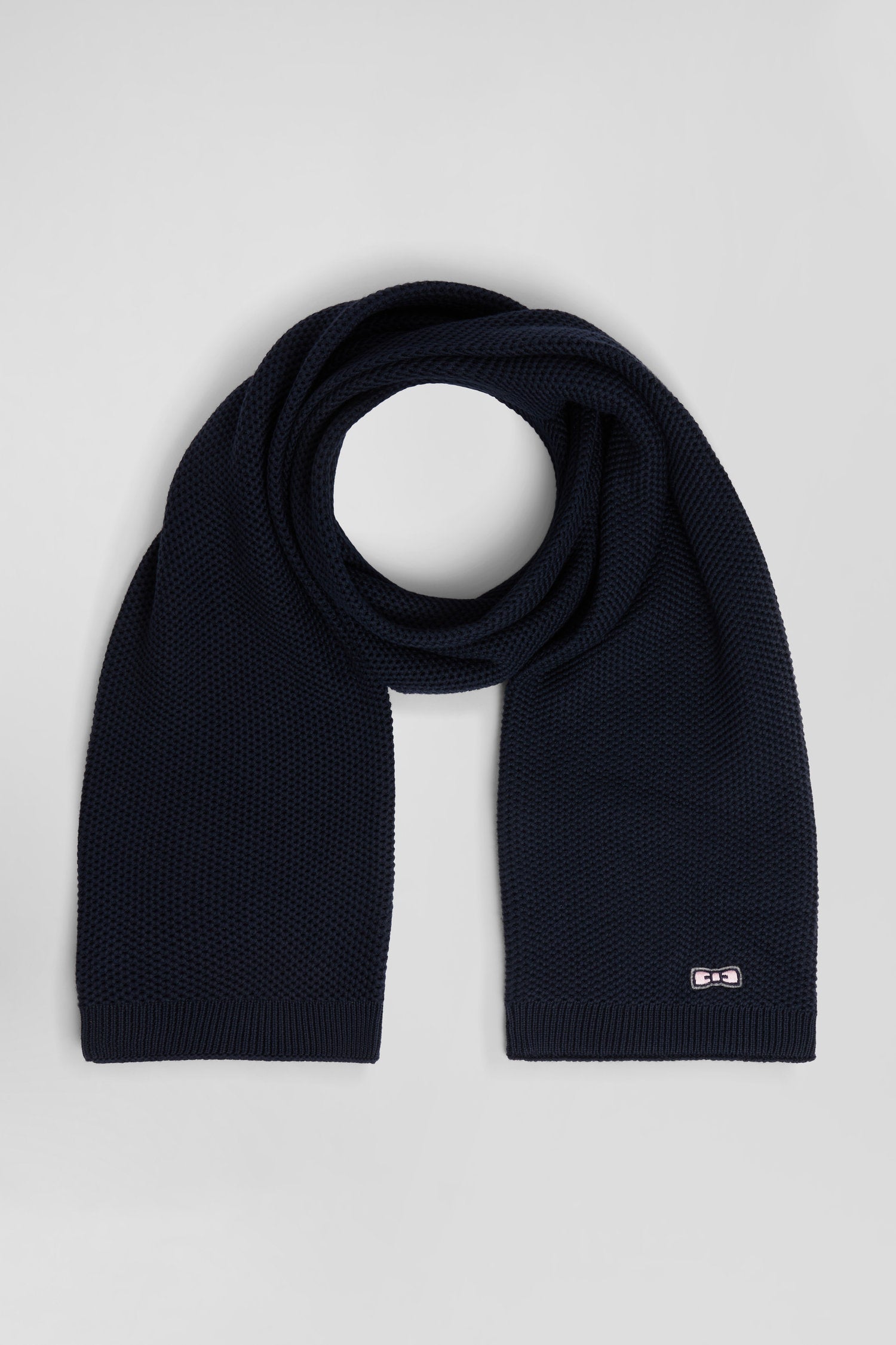 Plain navy blue cotton scarf with embroidered bow tie