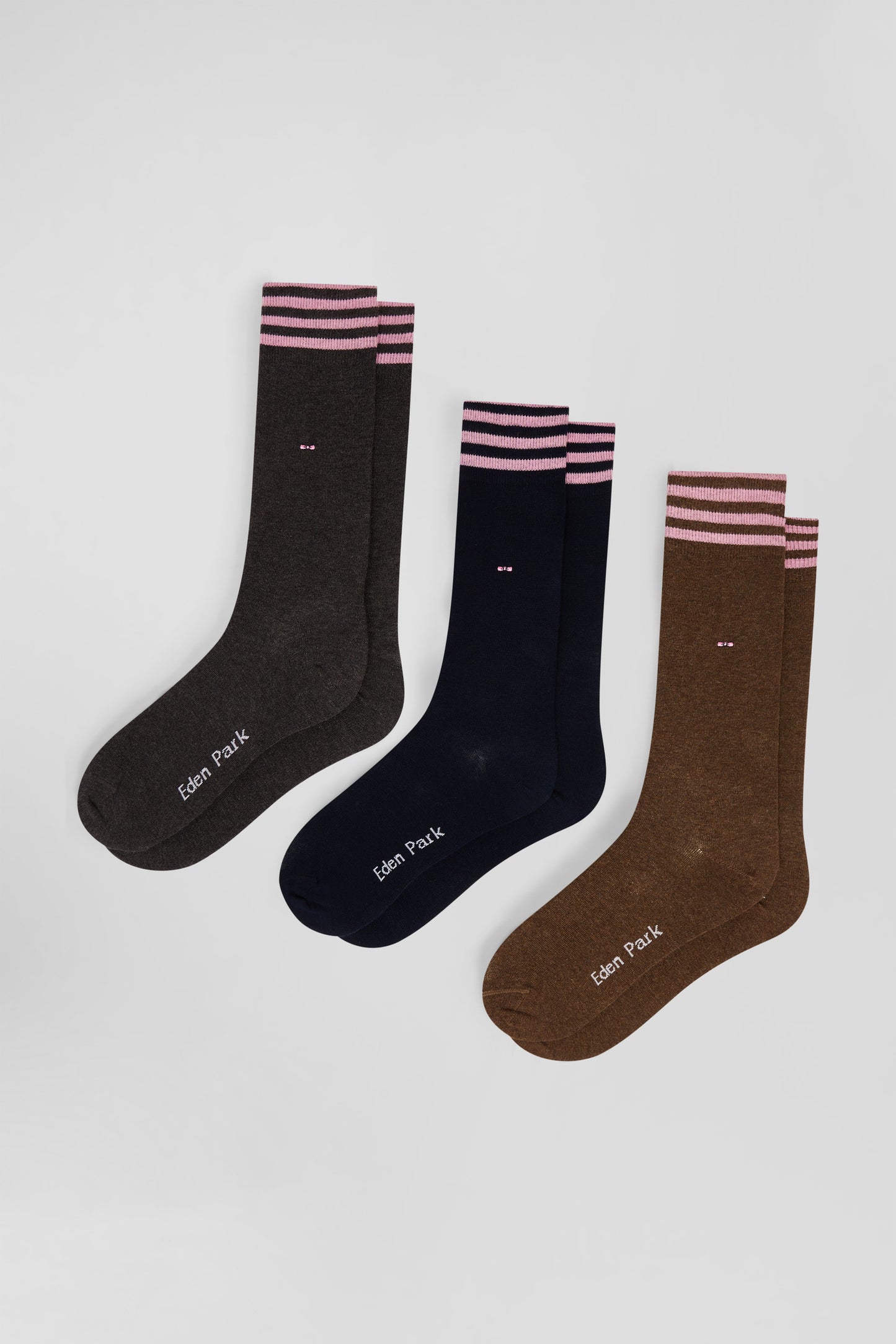 Set of 3 pairs of brown stretch cotton socks with striped details