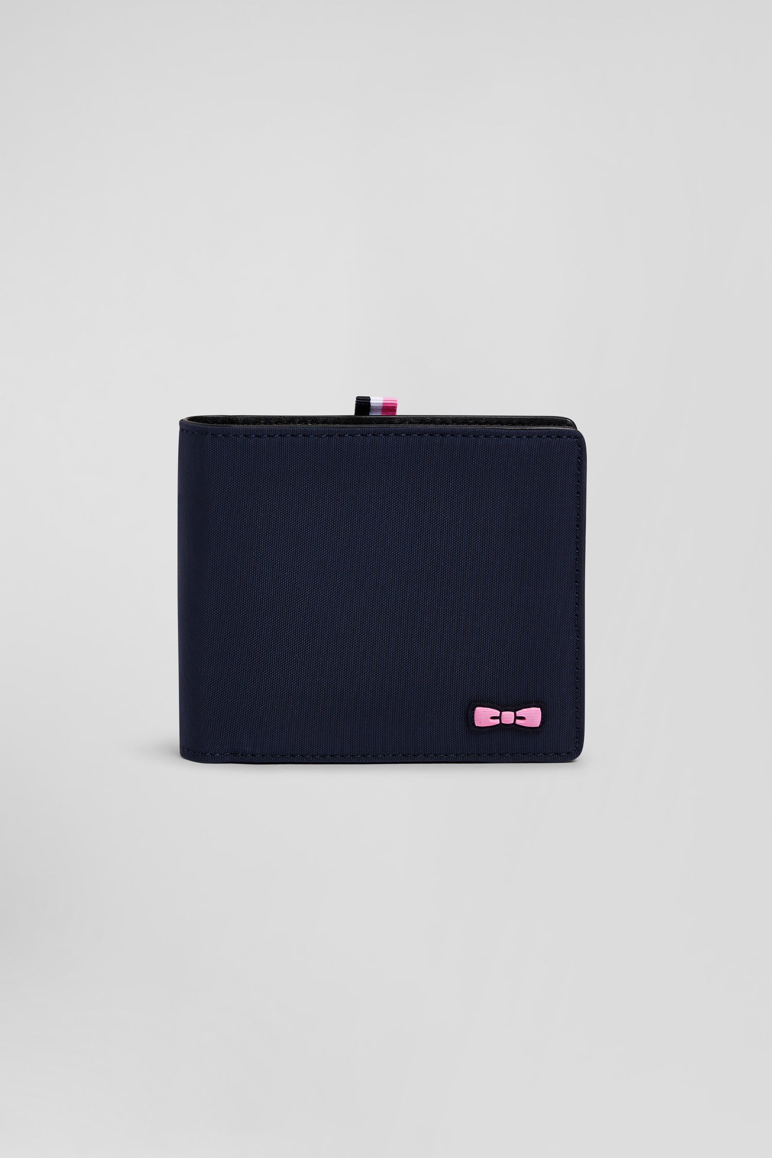 Navy blue Italian-style wallet with pink ribbon