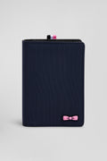 Navy blue French-style wallet with pink ribbon