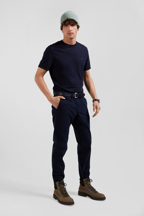 Slim plain navy blue chino trousers in stretch cotton - Image 3
