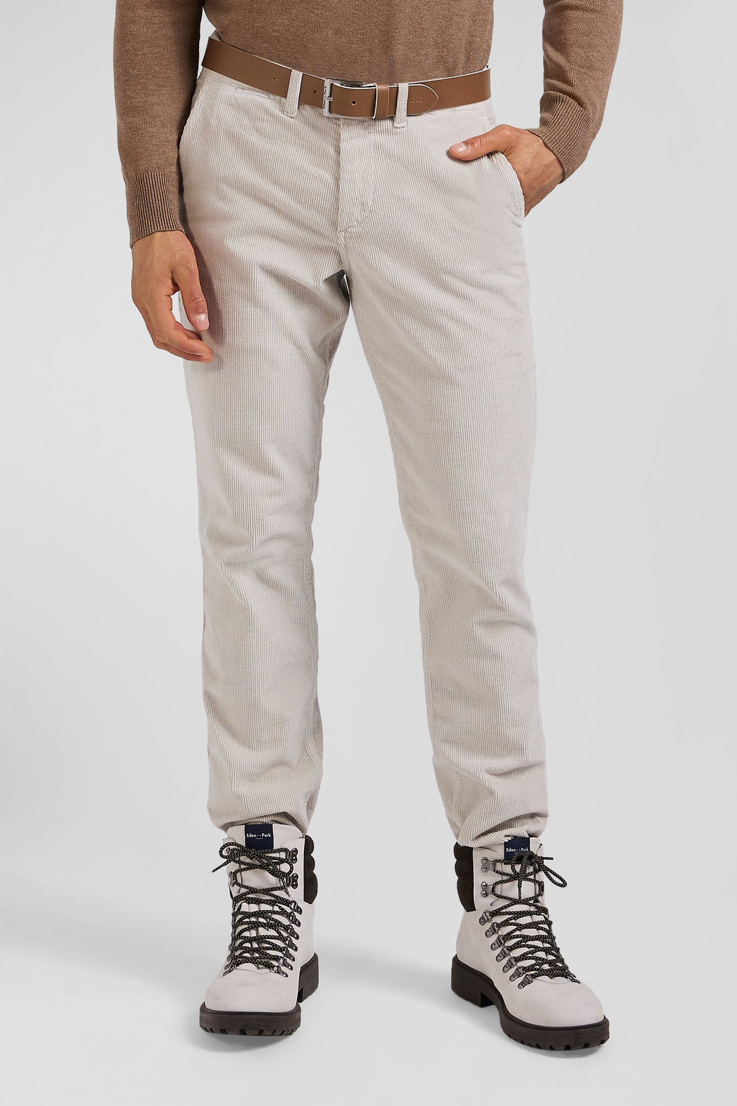 Regular ecru stretch cotton velvet chino trousers