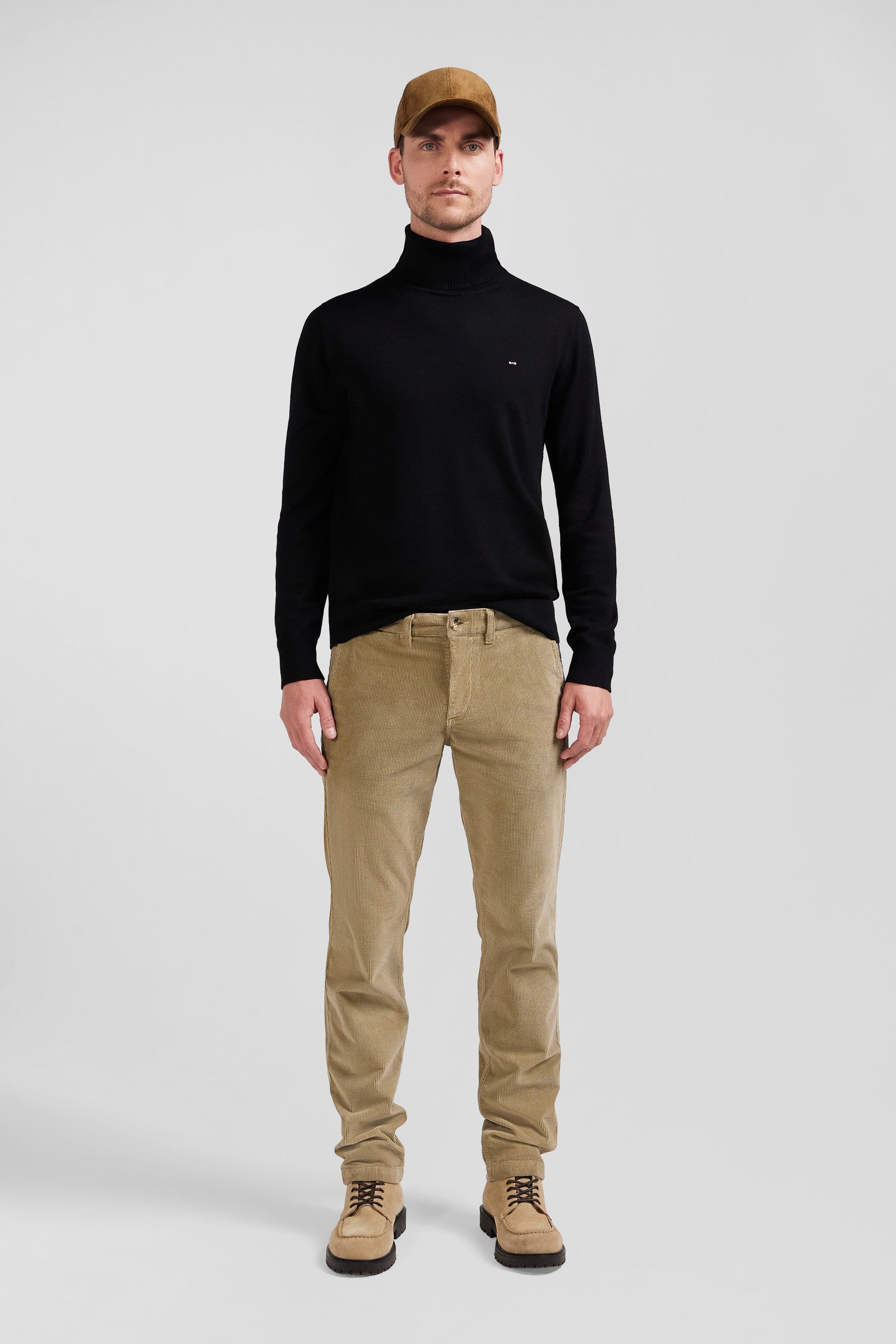 Regular hemp-coloured stretch cotton velvet chino trousers