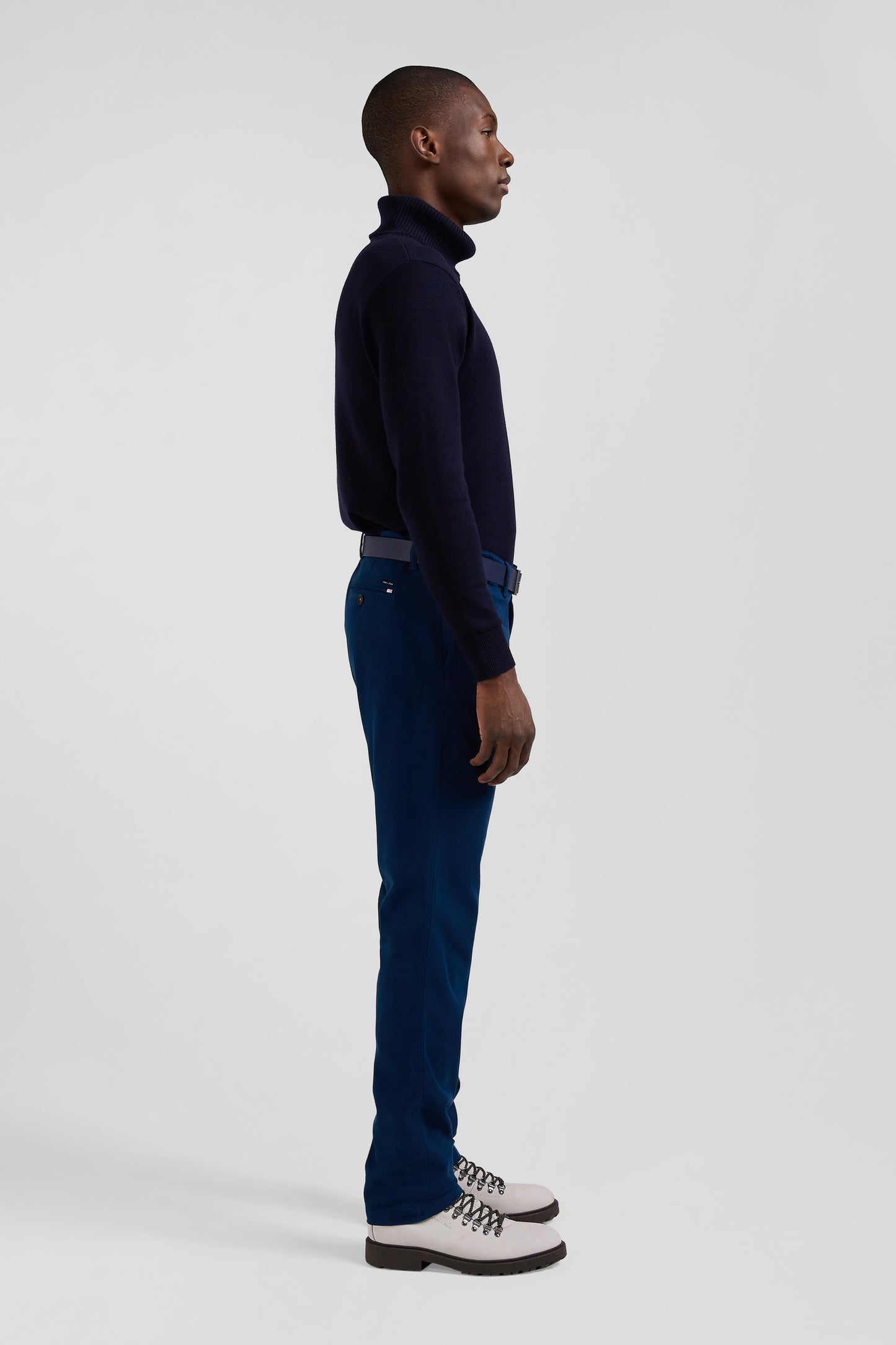 Regular blue stretch cotton piqué and modal chino trousers