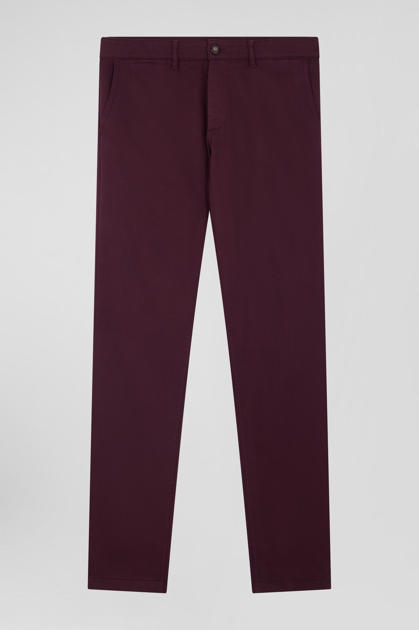 Regular burgundy stretch cotton piqué and modal chino trousers