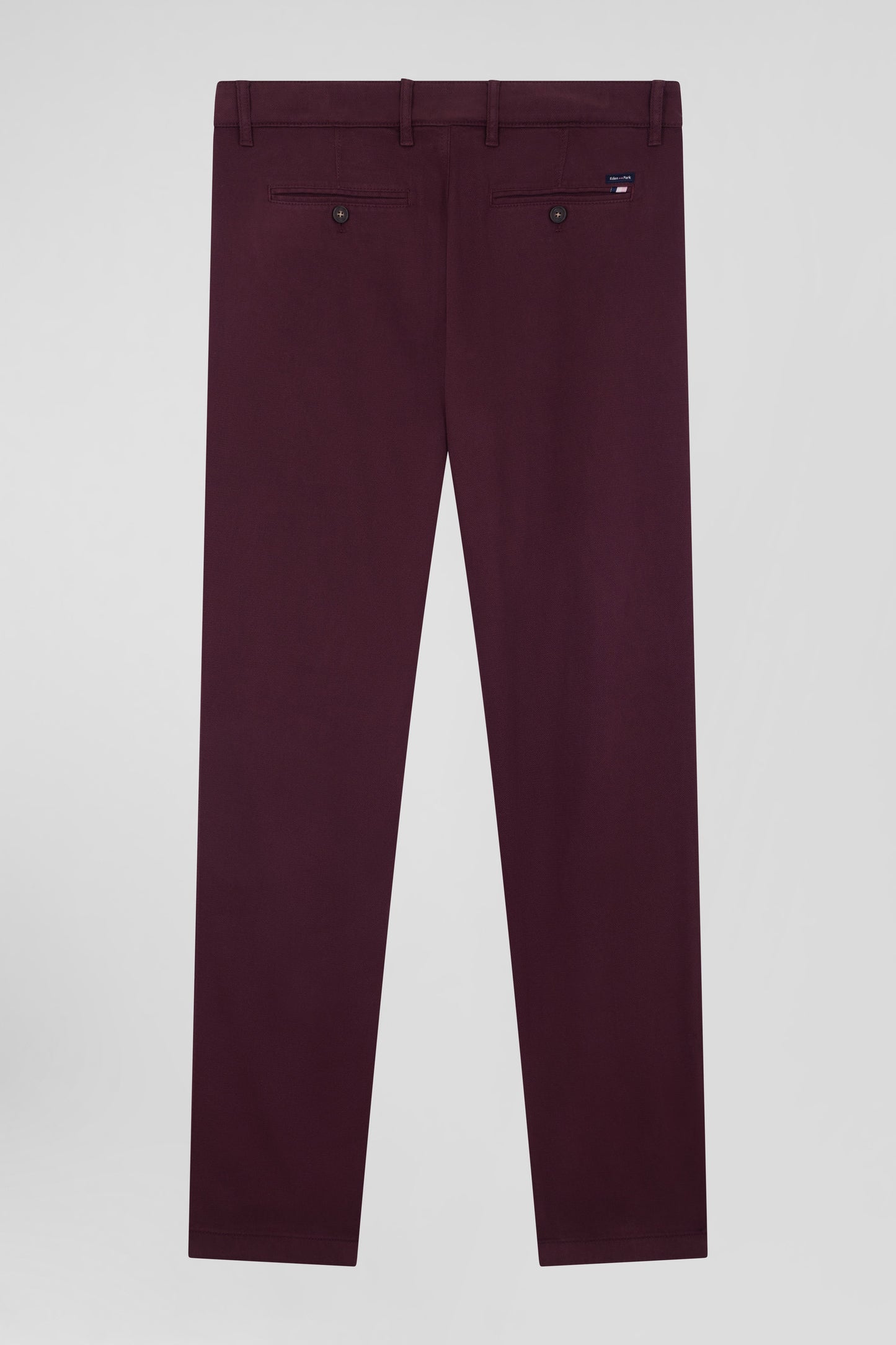 Regular burgundy stretch cotton piqué and modal chino trousers