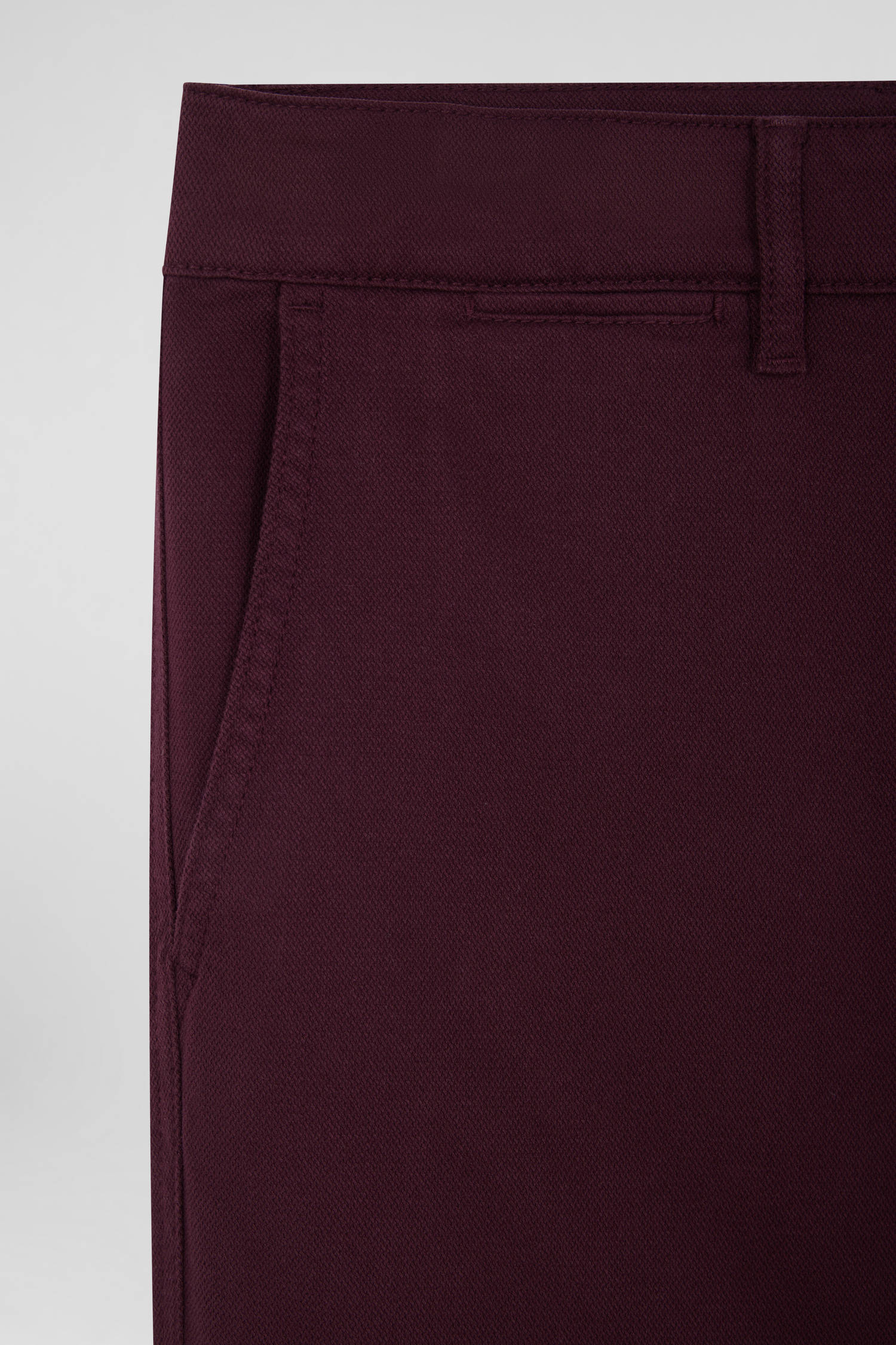 Regular burgundy stretch cotton piqué and modal chino trousers