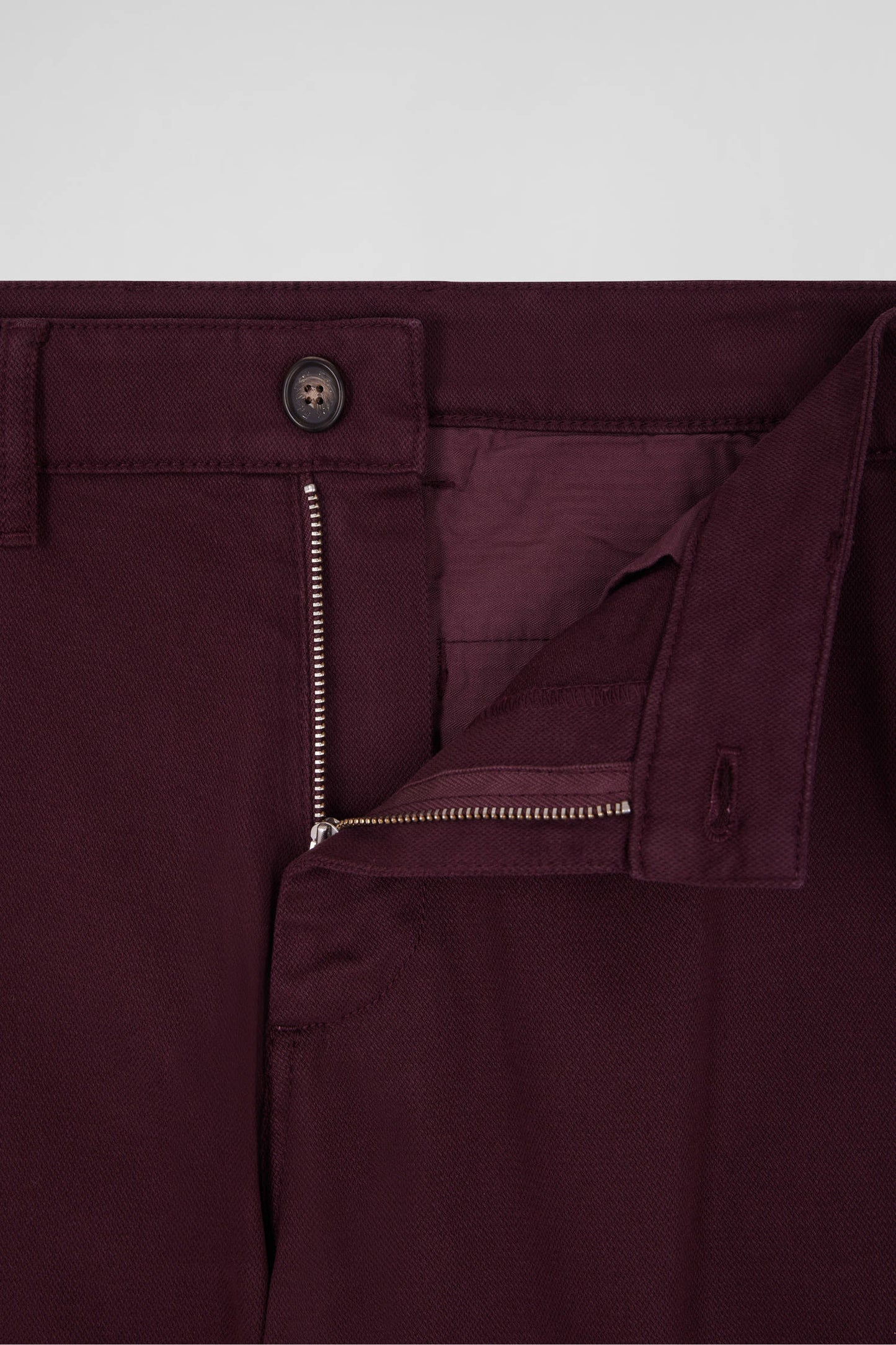 Regular burgundy stretch cotton piqué and modal chino trousers