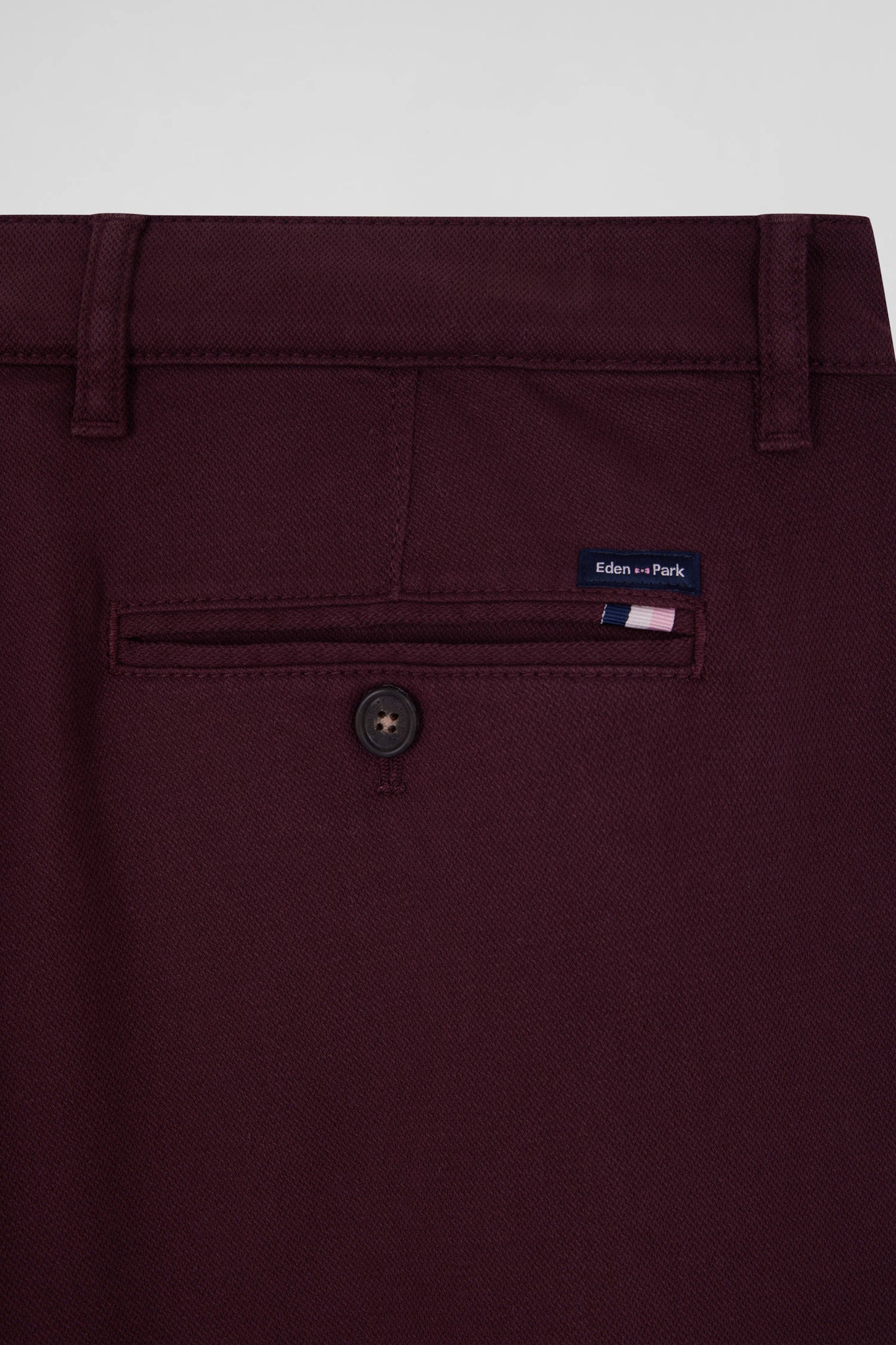 Regular burgundy stretch cotton piqué and modal chino trousers