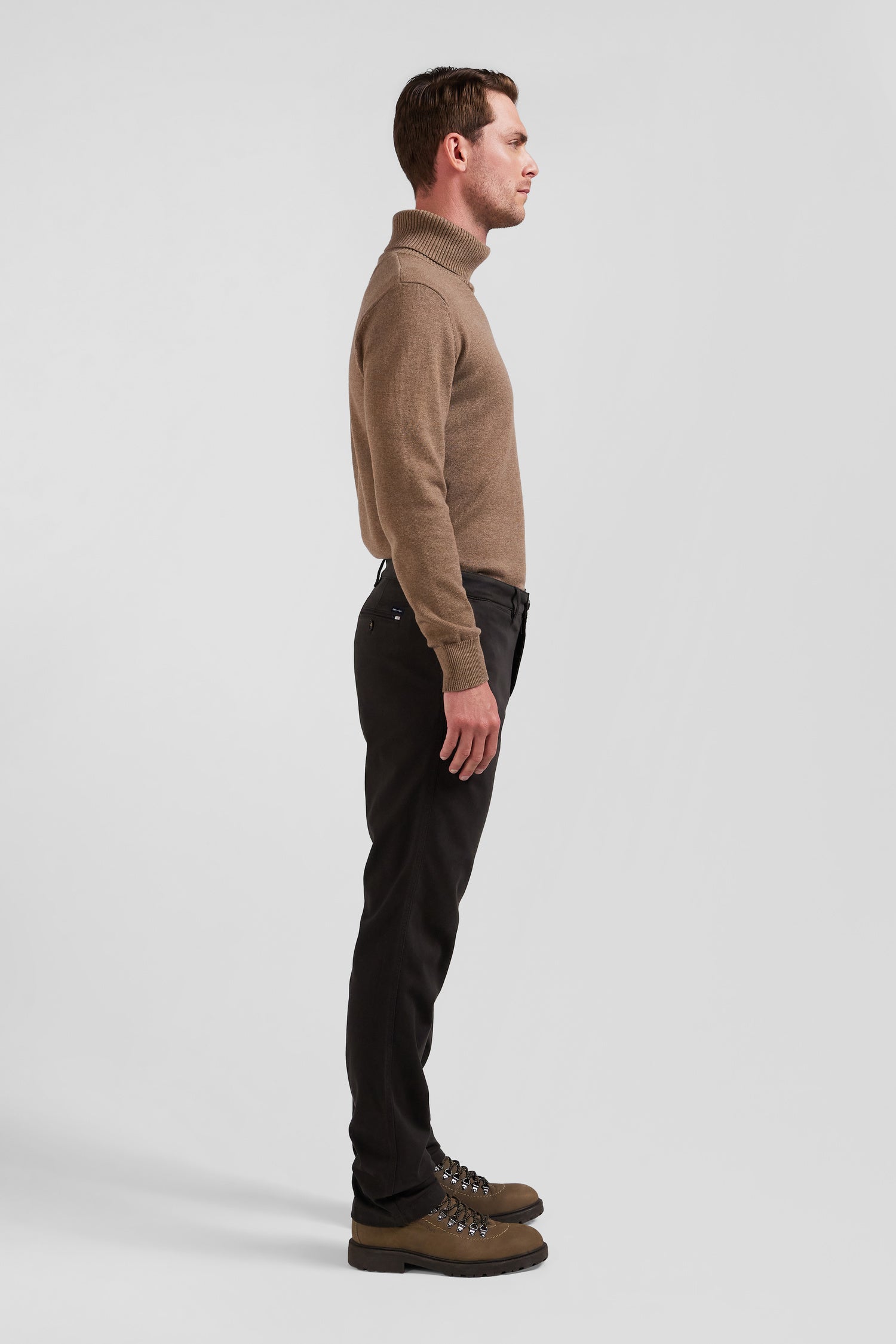 Regular brown stretch cotton piqué and modal chino trousers