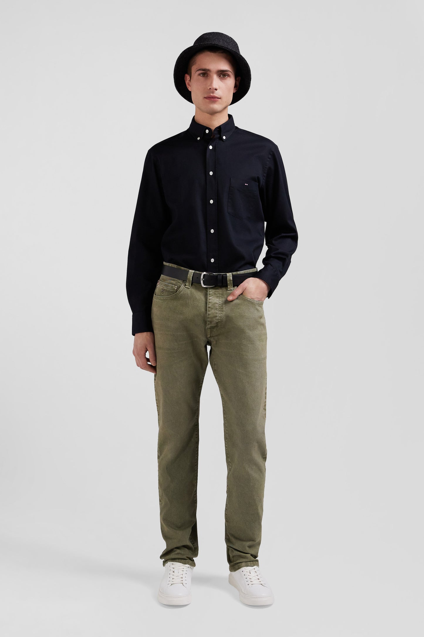 Regular beige stretch cotton 5-pocket trousers