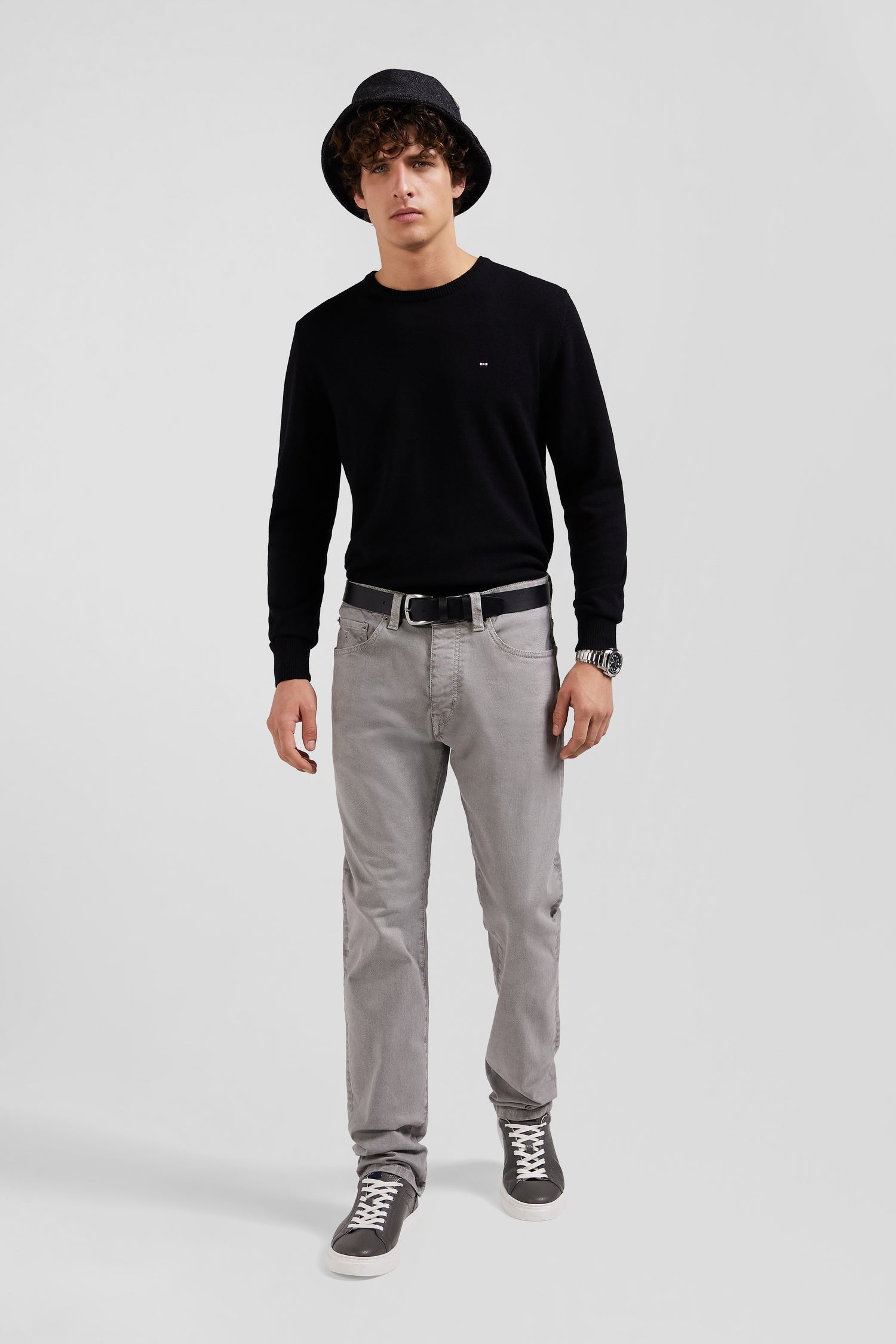 Regular grey stretch cotton 5-pocket trousers