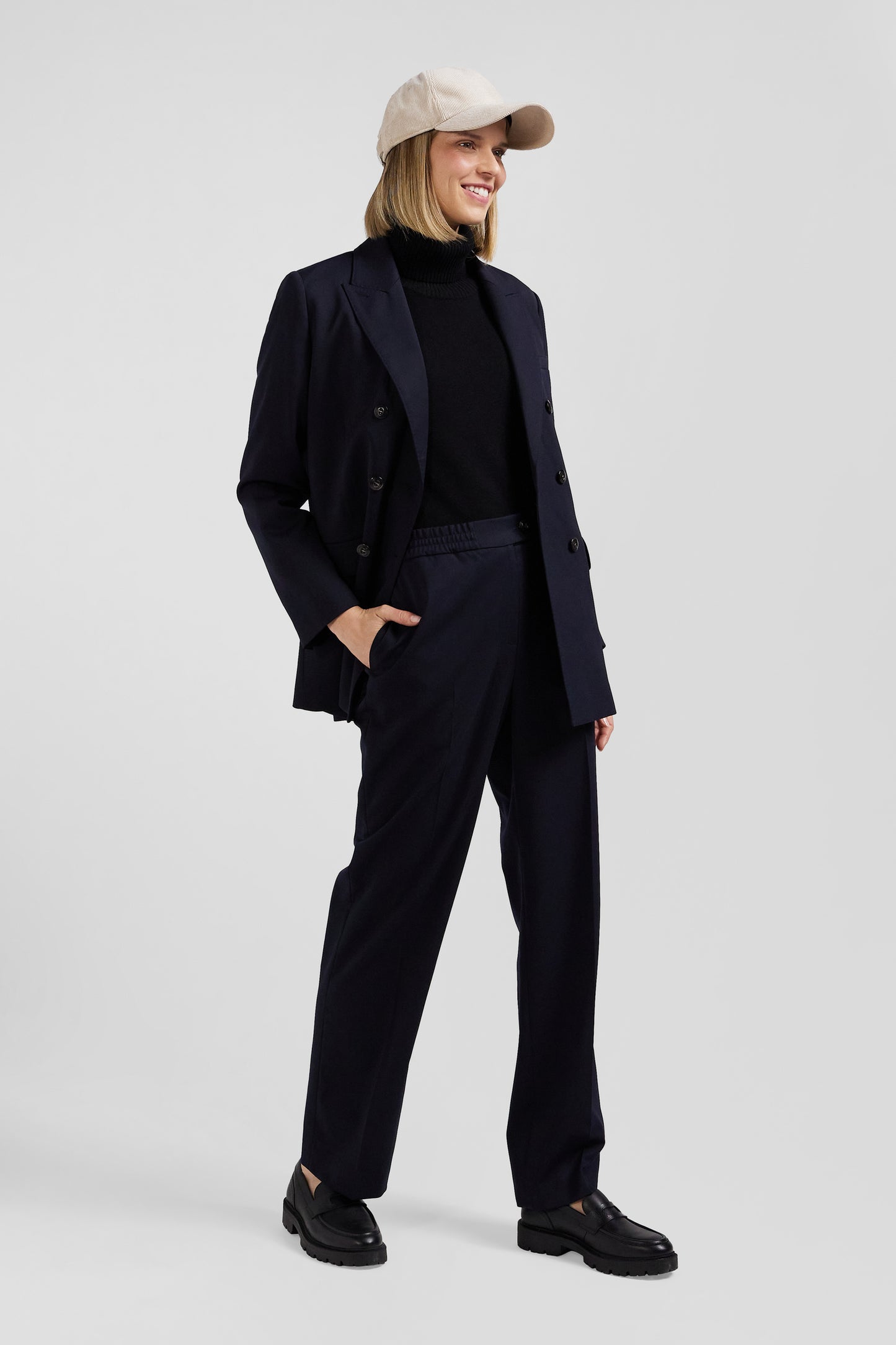 Pantalon bleu marine en laine vierge stretch mélangée coupe Modern