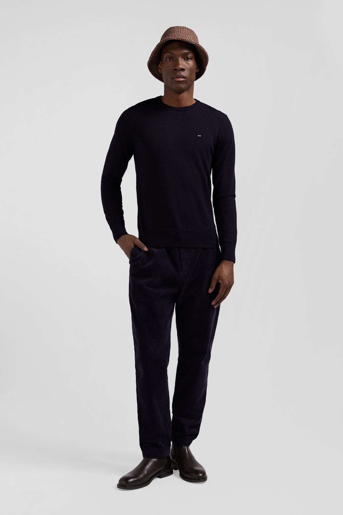 Modern navy blue stretch cotton elastic waist trousers