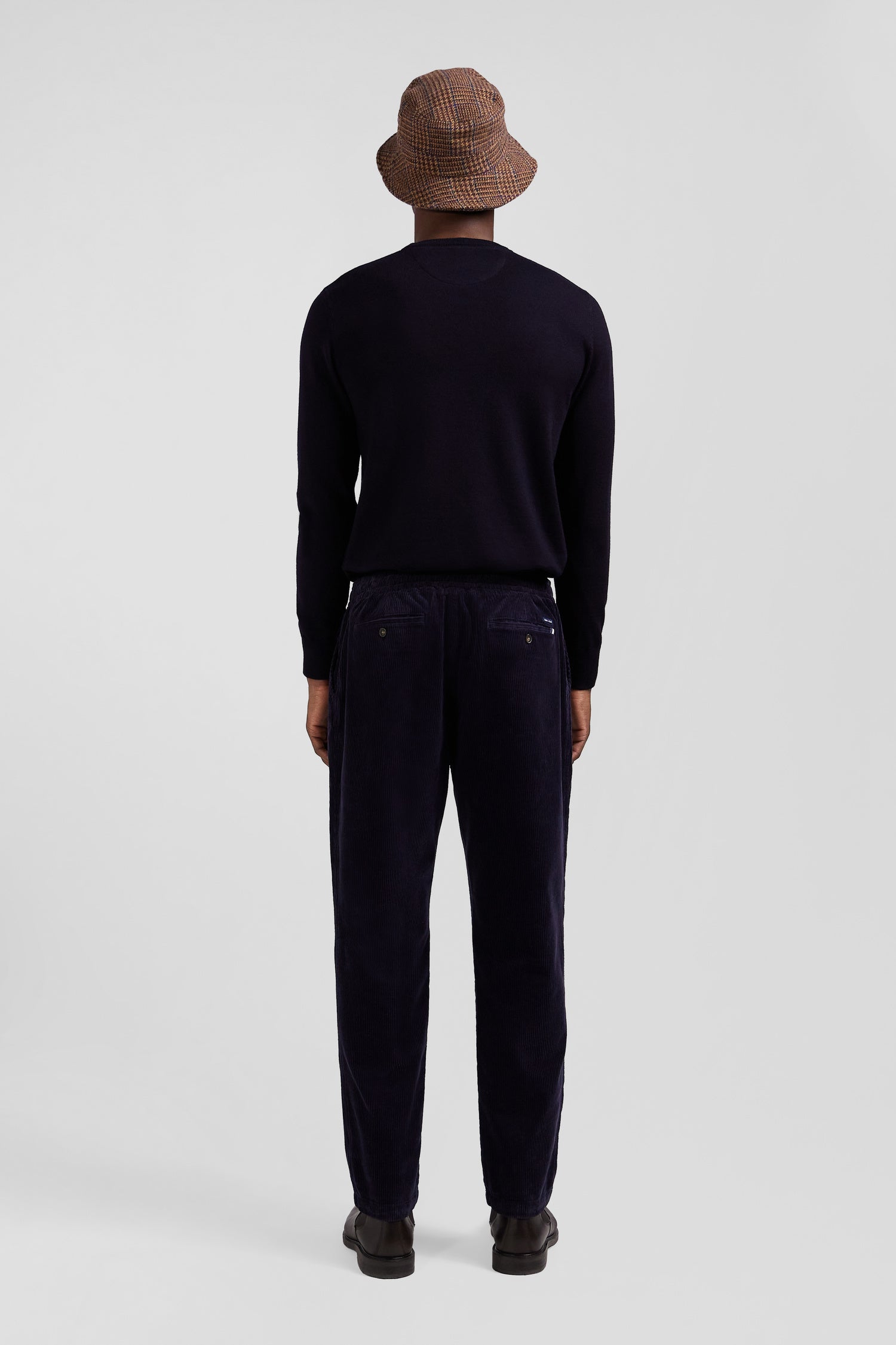 Modern navy blue stretch cotton elastic waist trousers