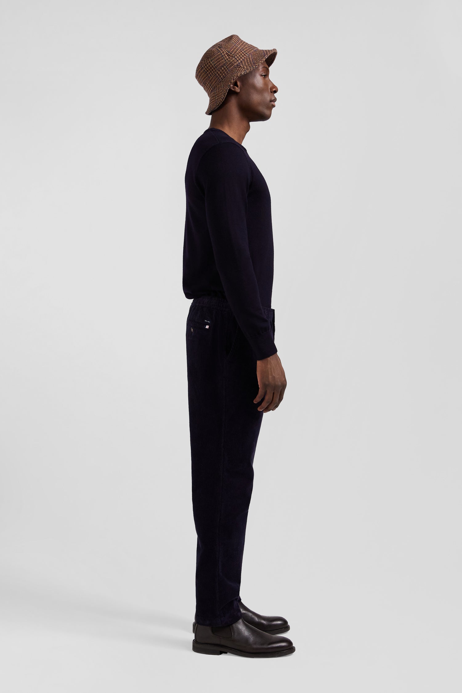 Modern navy blue stretch cotton elastic waist trousers