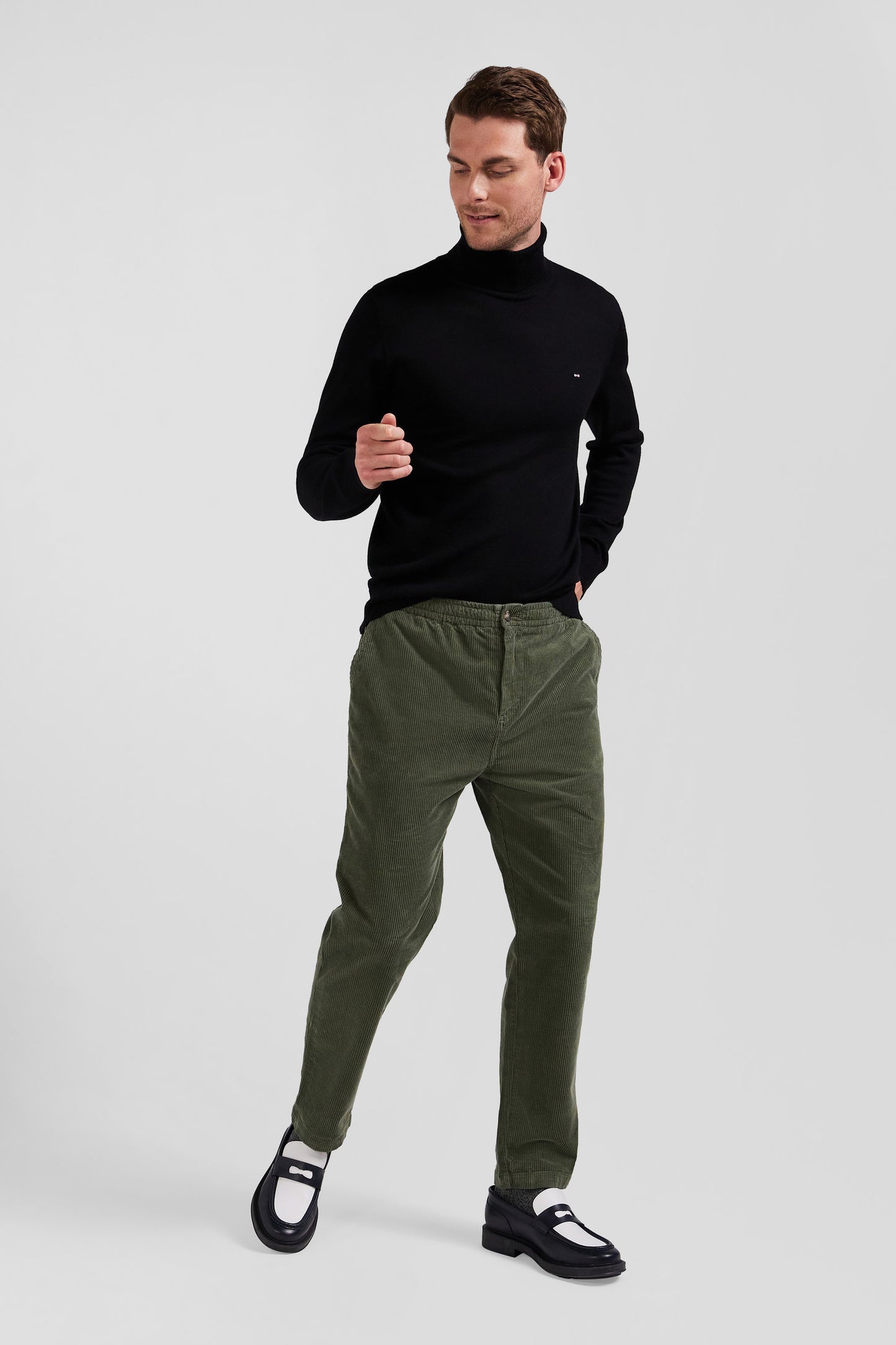 Modern khaki stretch cotton elastic waist trousers