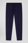 Modern navy blue blended wool elastic waist trousers