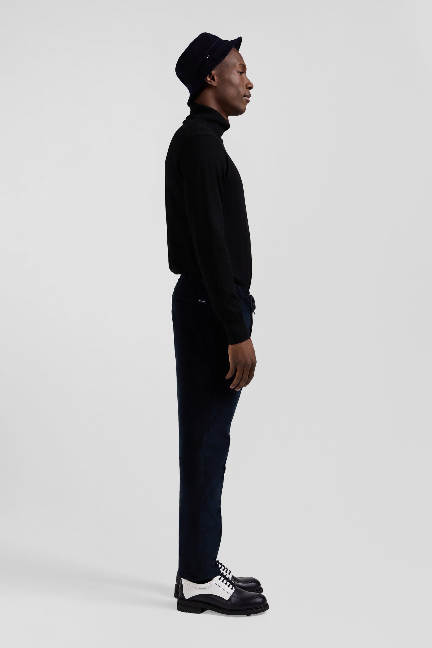 Modern navy blue elastic waist corduroy trousers