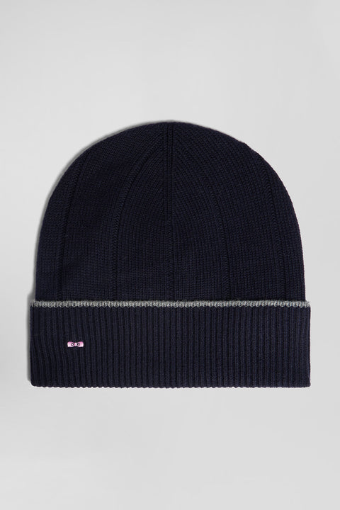 Navy blue cotton and cashmere beanie with contrasting trim - Image 1