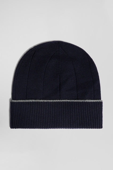 Navy blue cotton and cashmere beanie with contrasting trim - Image 2