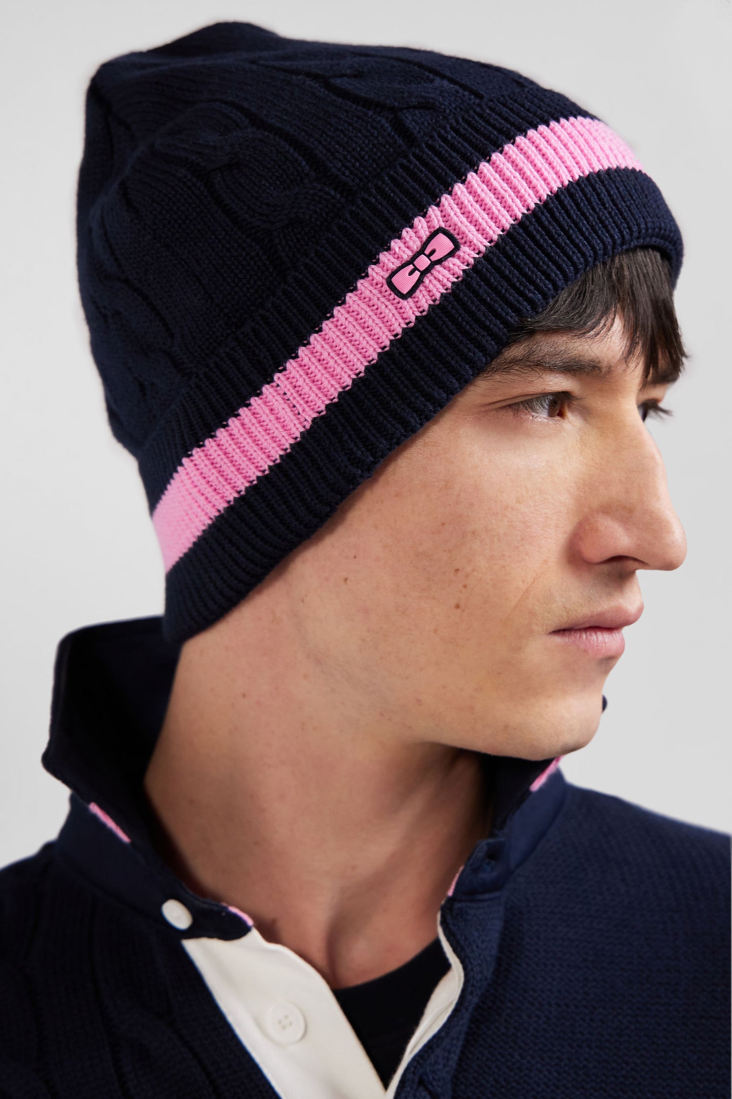 Navy blue cable knitted cotton beanie