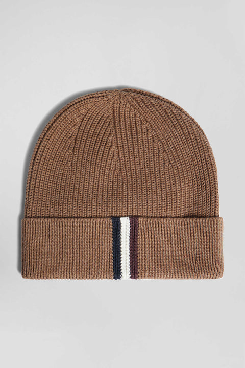 Knitted hat in hazelnut cotton with tricolored details - Image 2