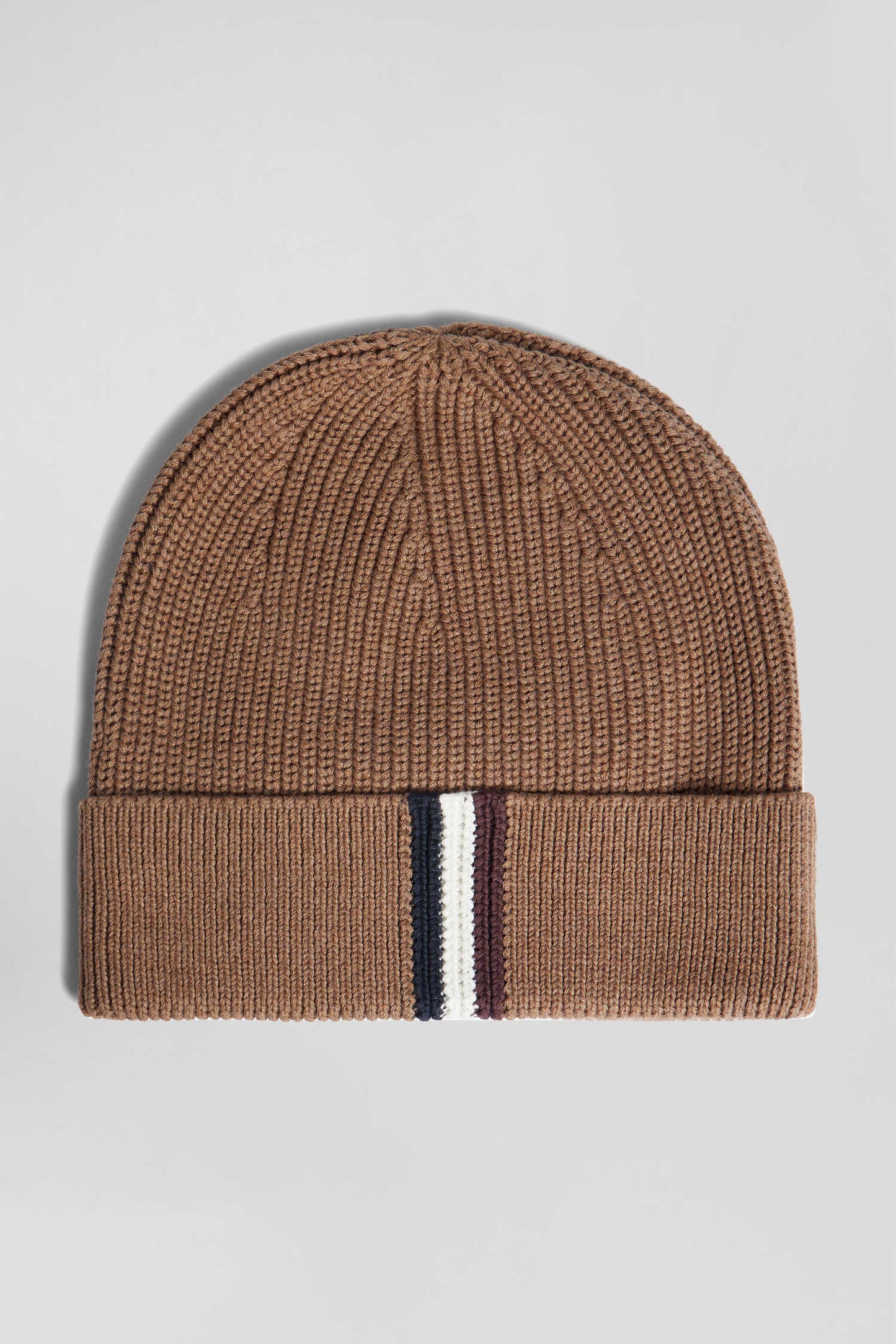 Camel knitted cotton beanie with tricolour details